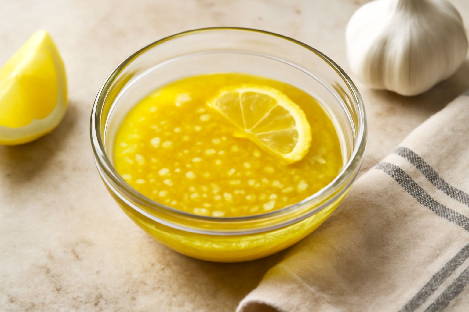 Ciotola di vetro con condimento di limone e aglio, olio giallo oro, fettine di limone fresco e spicchi di aglio, su fondo bianco con tovaglia di lino