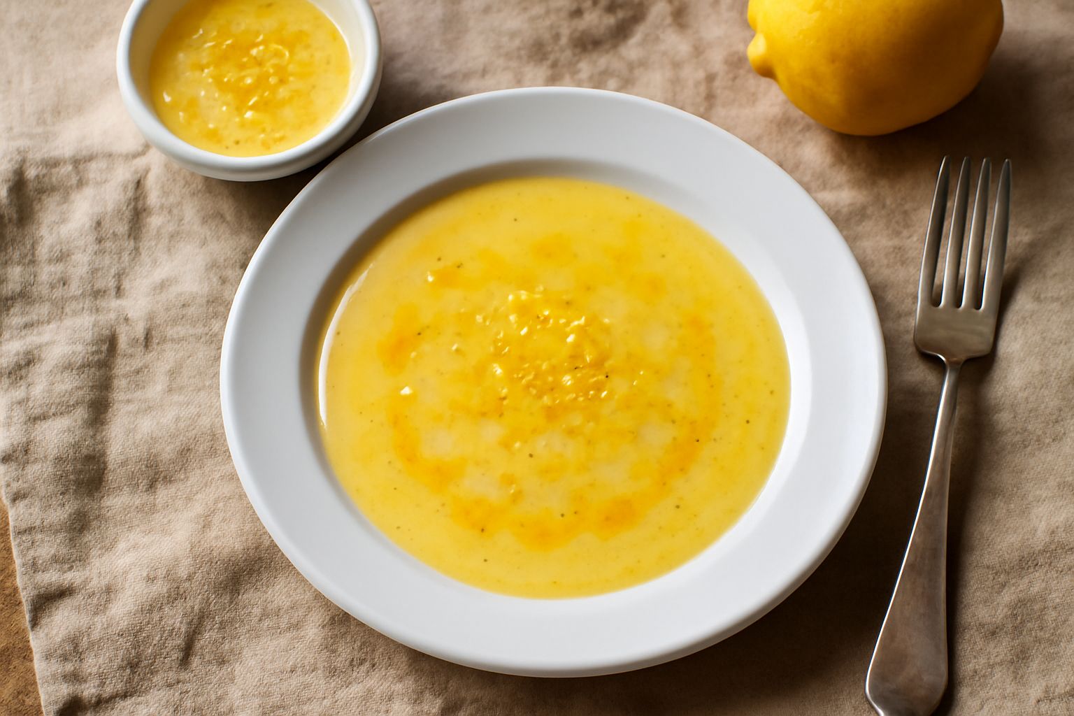 Una ciotola di vetro trasparente contiene condimento giallo dorato con gocce di olio brillante e scorza di limone giallo limone grattugiata sulla superficie. Accanto, mezzo limone fresco e una bottigl