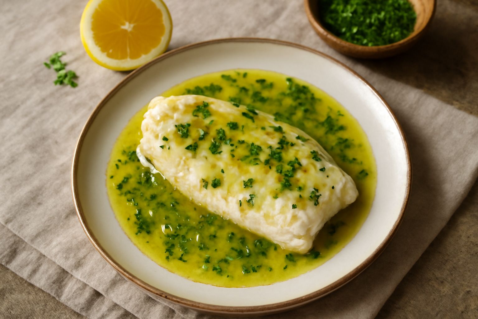 Una ciotola di ceramica bianca contenente salsa giallo-verde con gocce di olio d'oliva brillante, foglie di prezzemolo fresco tritato e scorza di limone, su un tavolo di marmo grigio con mezzo limone 