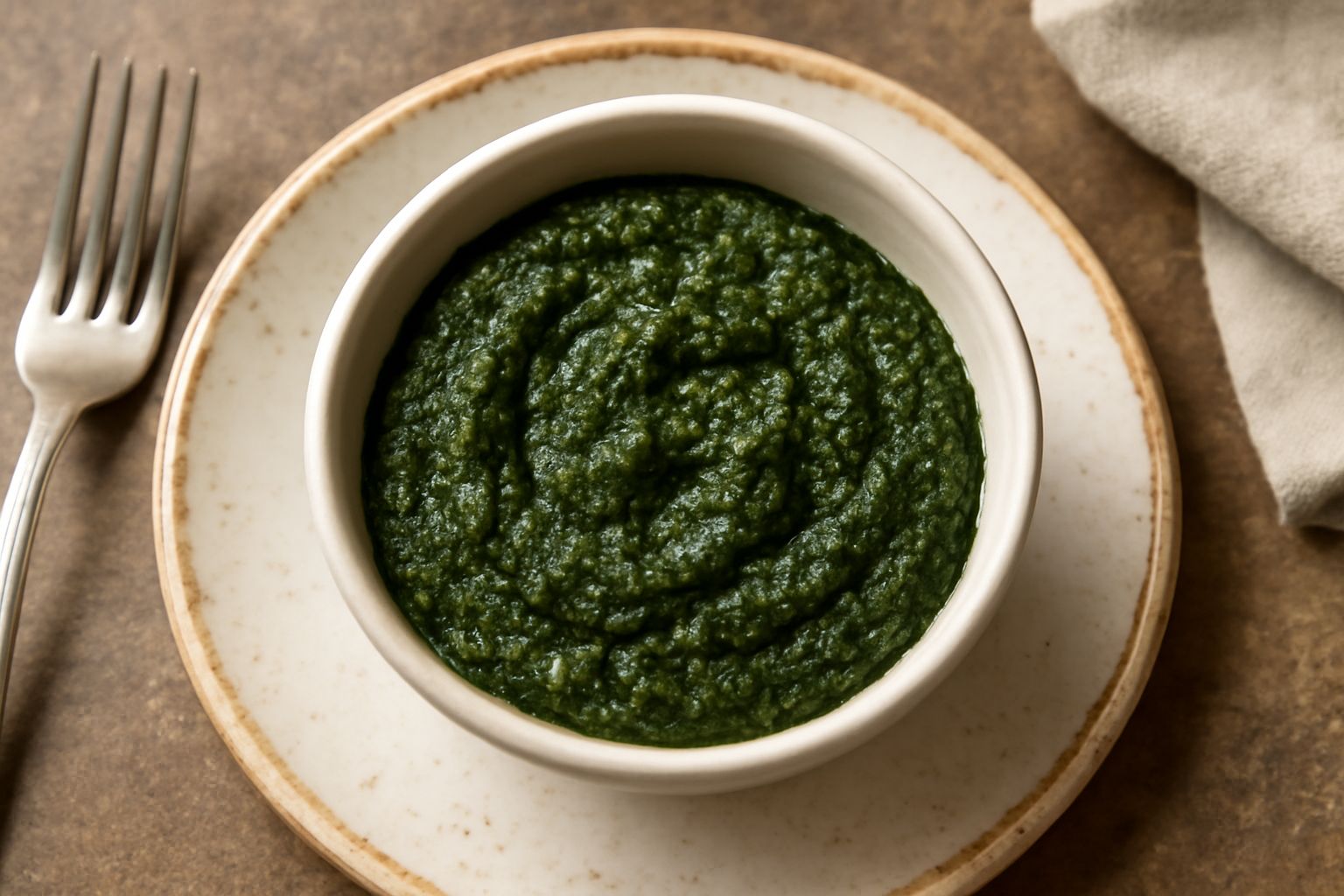 Ciotola di ceramica bianca con condimento verde intenso di malva selvatica, guarnito da foglie fresche di malva e gocce di olio extravergine d'oliva brillante