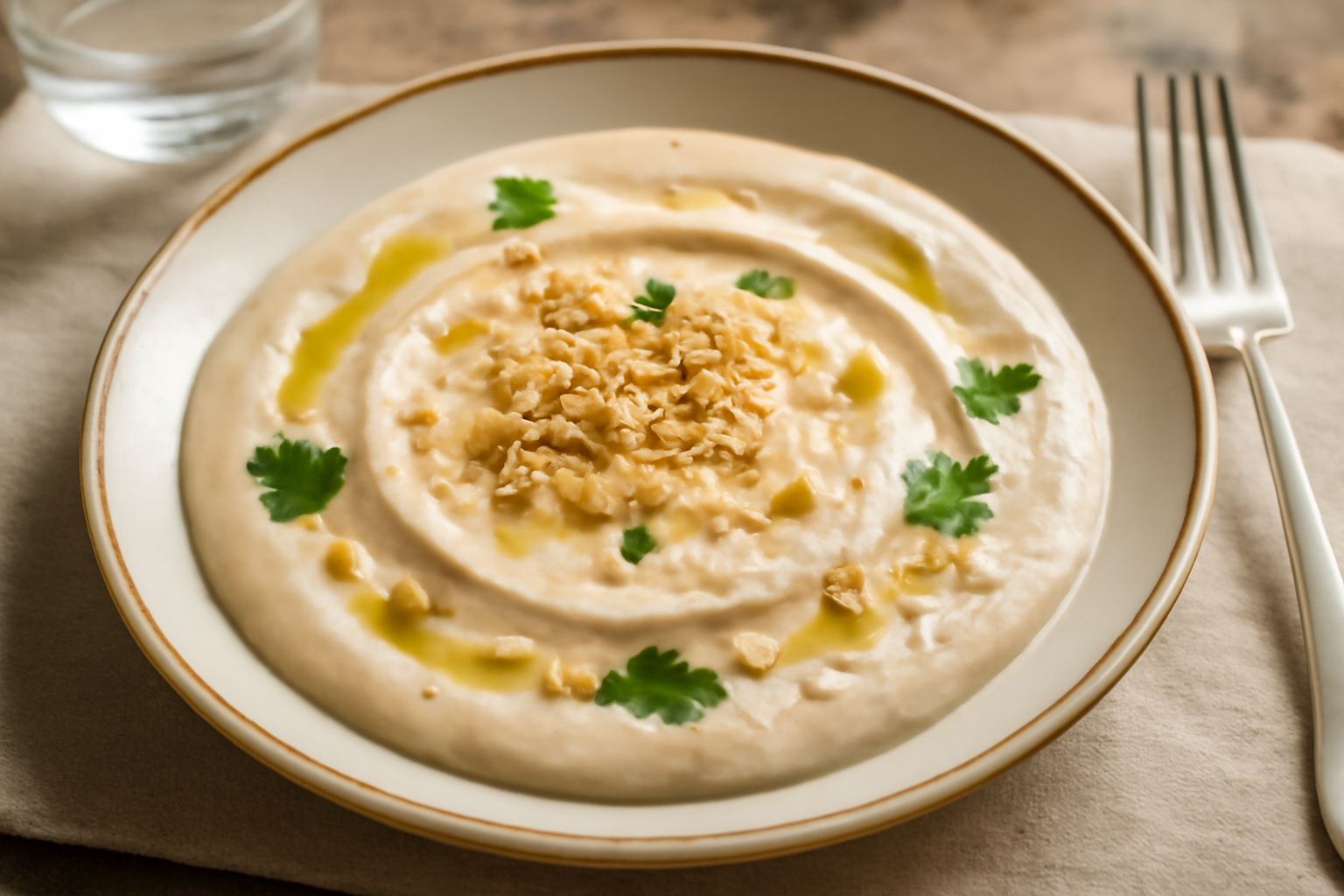 Condimento di mandorle cremoso di colore beige chiaro in una ciotola bianca, guarnito con mandorle a fettine e prezzemolo fresco, su sfondo di tavolo di legno chiaro con mandorle grezze e un cucchiaio