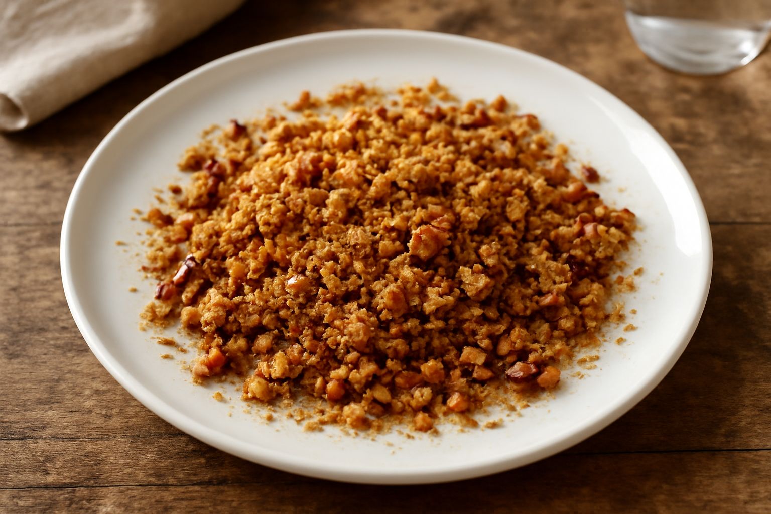 Condimento di mandorle tostate in una ciotola di ceramica bianca, mandorle dorate e fragranti con cristalli di sale marino grosso visibili, leggero strato di olio dorato sulla superficie, sfondo grigi