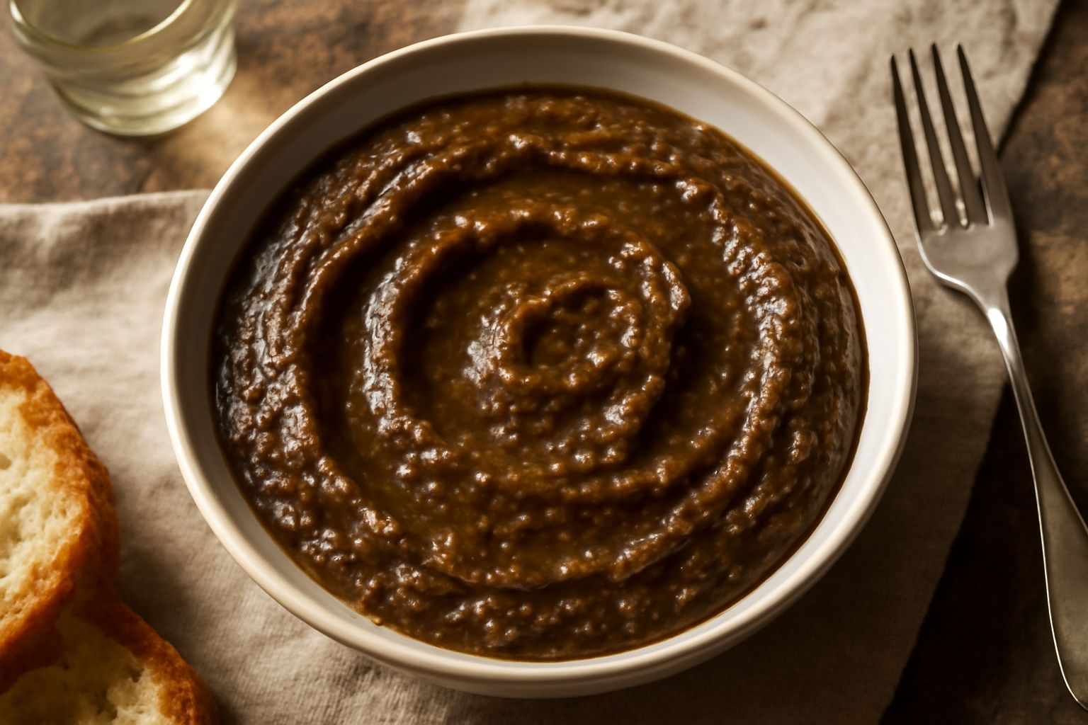 Ciotola di ceramica bianca con condimento di melanzane affumicate di colore marrone scuro, texture cremosa, con piccoli granelli di aglio e gocce di olio verde brillante in superficie, su tavolo di le