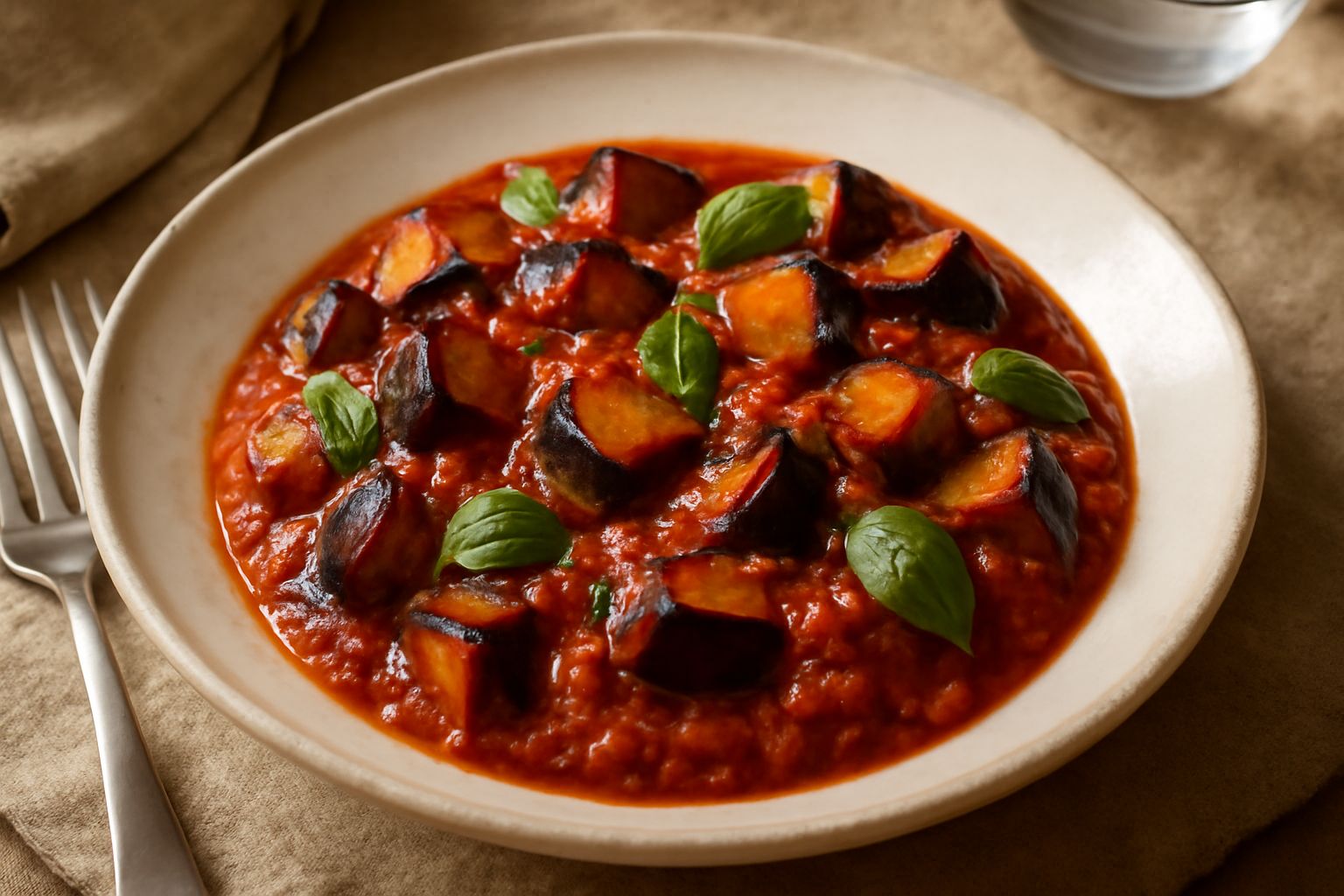 Condimento di melanzane fritte in un piatto bianco: cubetti di melanzana dorata e morbida dentro, con pomodoro rosso, aglio e basilico fresco, accompagnato da pane tostato