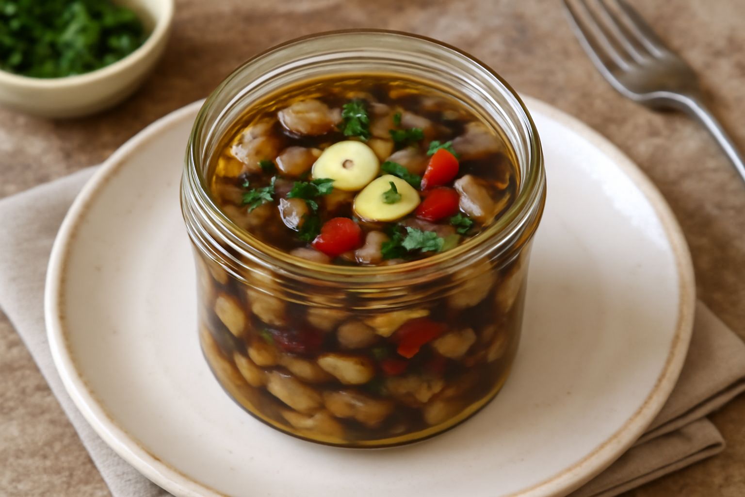 Barattolo di vetro con melanzane tagliate a cubetti di colore violaceo scuro immerse in olio trasparente, con lamelle di aglio bianche, peperoncino rosso e foglie verdi di prezzemolo visibili.