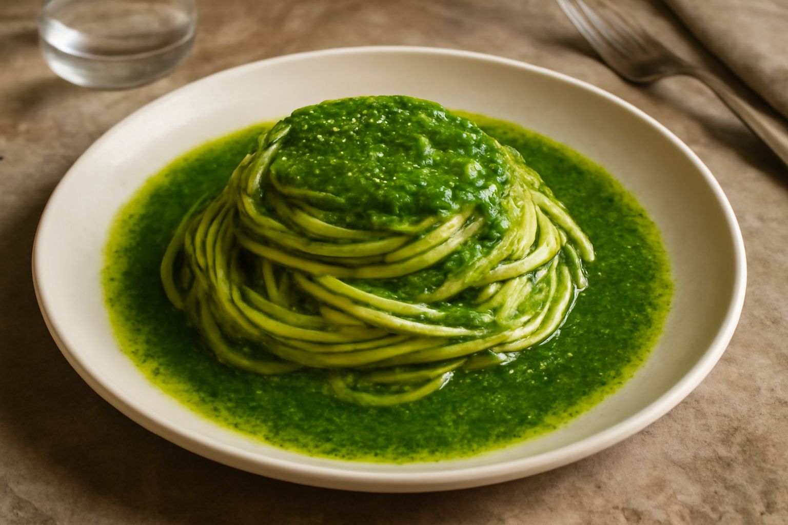 Ciotola bianca contenente condimento di menta verde brillante con gocce di olio lucido, foglie fresche di menta intera e mezza fetta di limone giallo accanto, su piano di marmo bianco