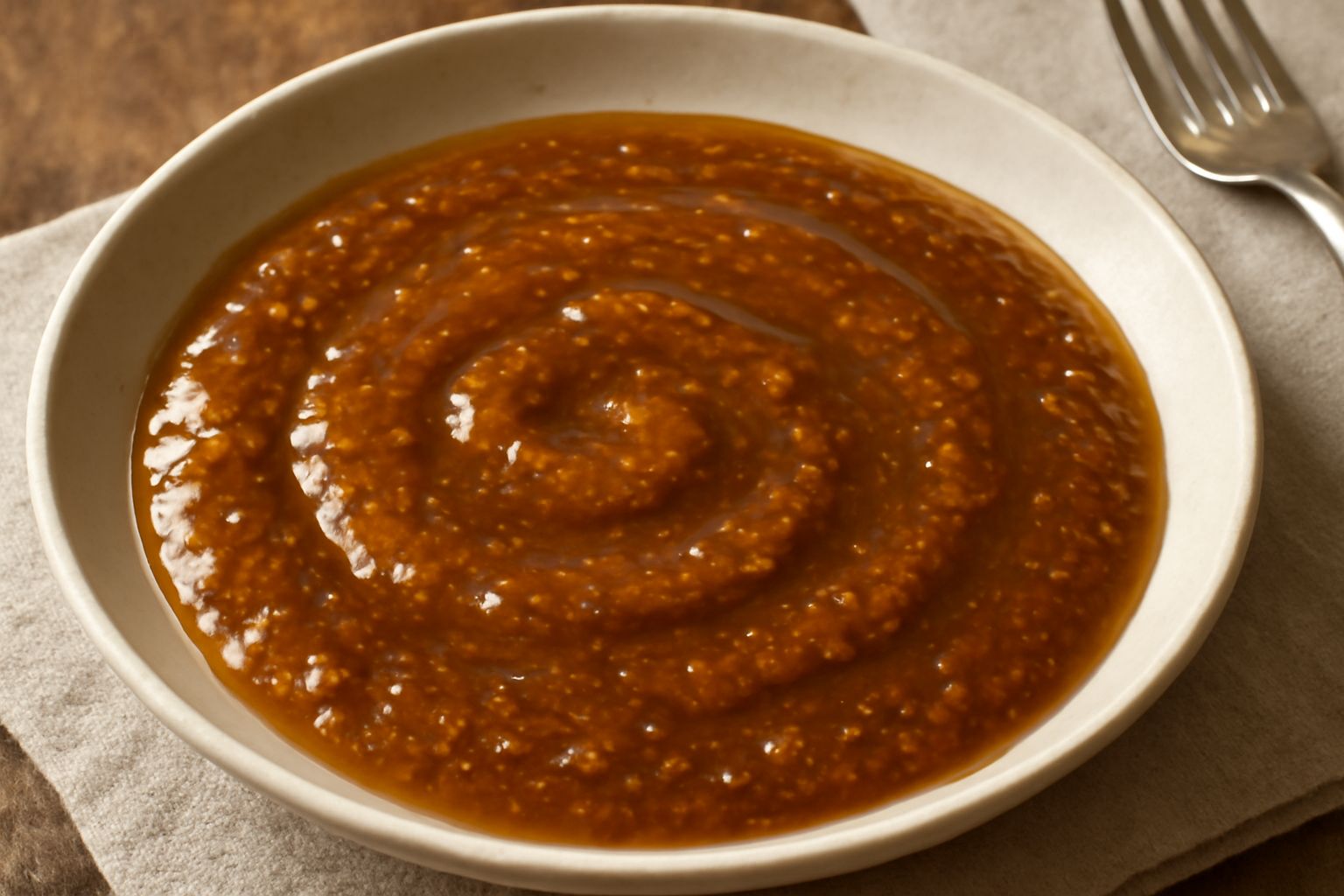 Vasetto di vetro con condimento di mostarda dal colore marrone dorato, con gocce di miele visibili. Accanto, un cucchiaio di legno con salsa, sfondo di farina e senape in grani