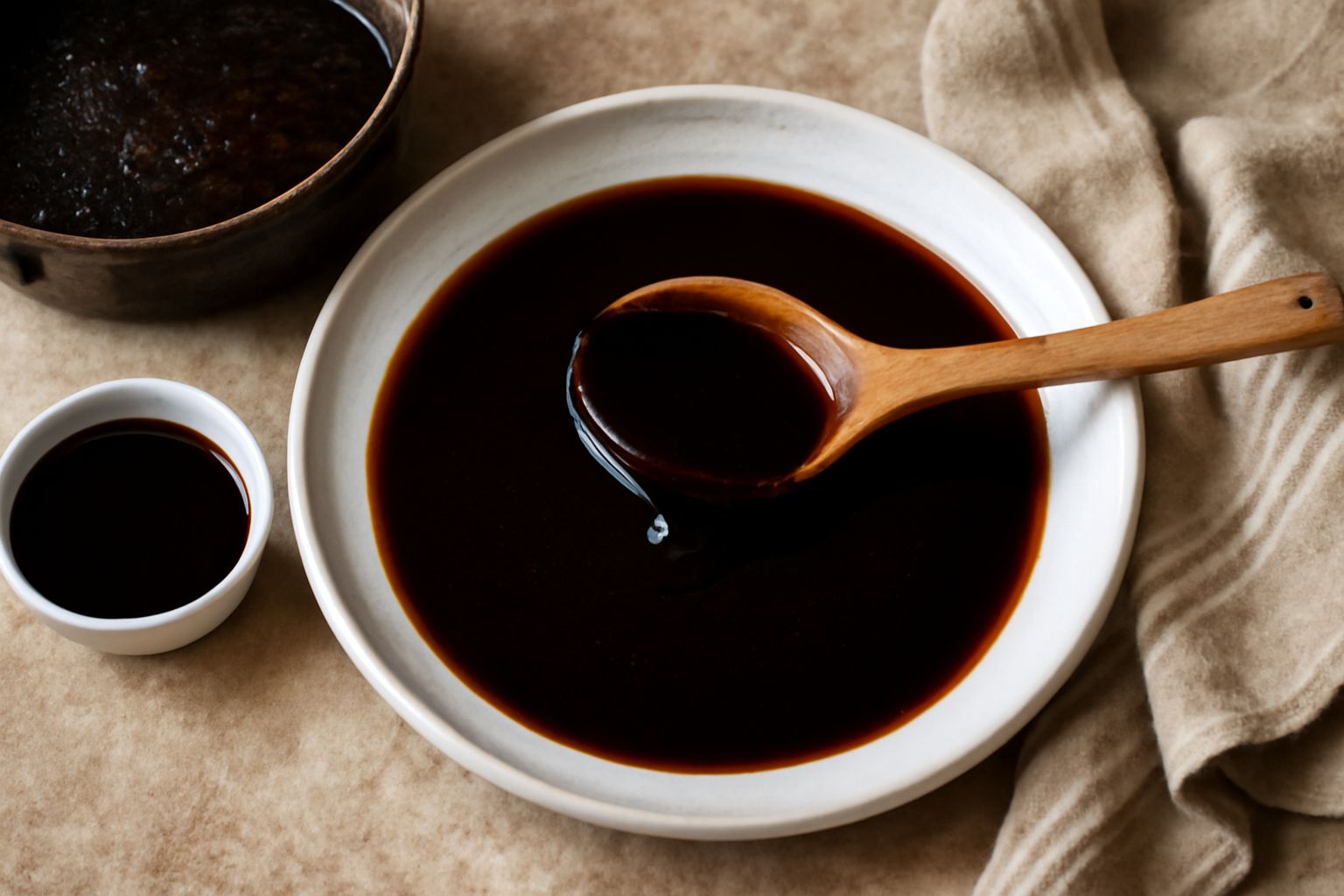 Mosto cotto scuro e denso versato da un cucchiaio di legno dentro una pentola di rame, con vapore che sale, sfondo di uva scura in una ciotola di ceramica