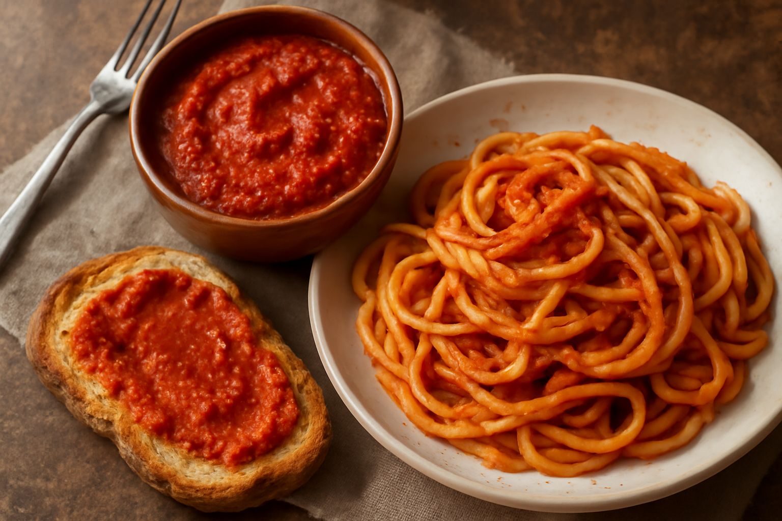 Nduja macinata rossa intenso in una ciotola bianca, cremosa e lucida, con gocce di olio, peperoncino rosso fresco a lato, pane tostato e formaggi sullo sfondo
