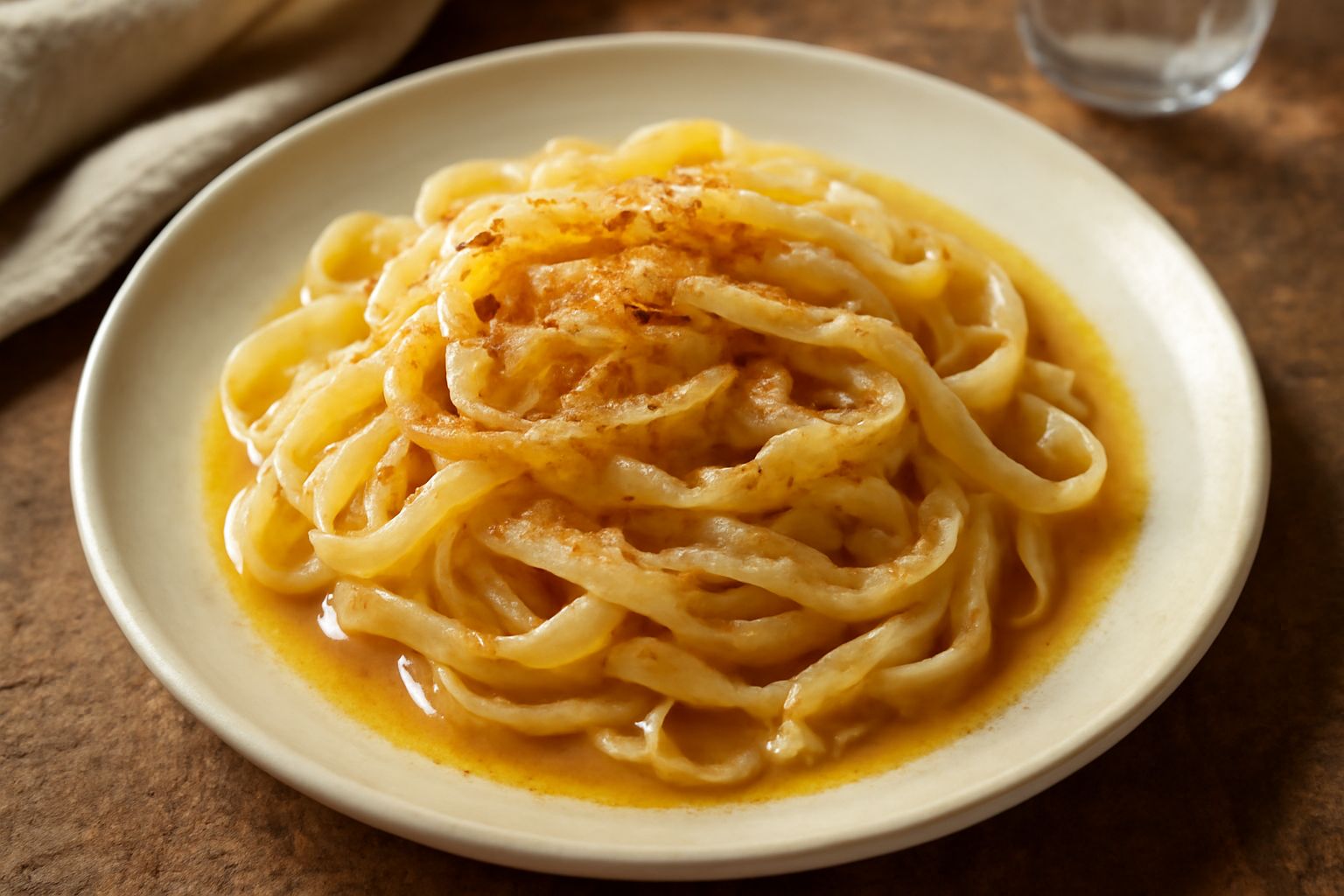 Ciotola di ceramica bianca con burro fuso color oro traboccante, noce moscata grattugiata fresca sparsa in superficie, rametto di noce moscata intera poggiato sul bordo