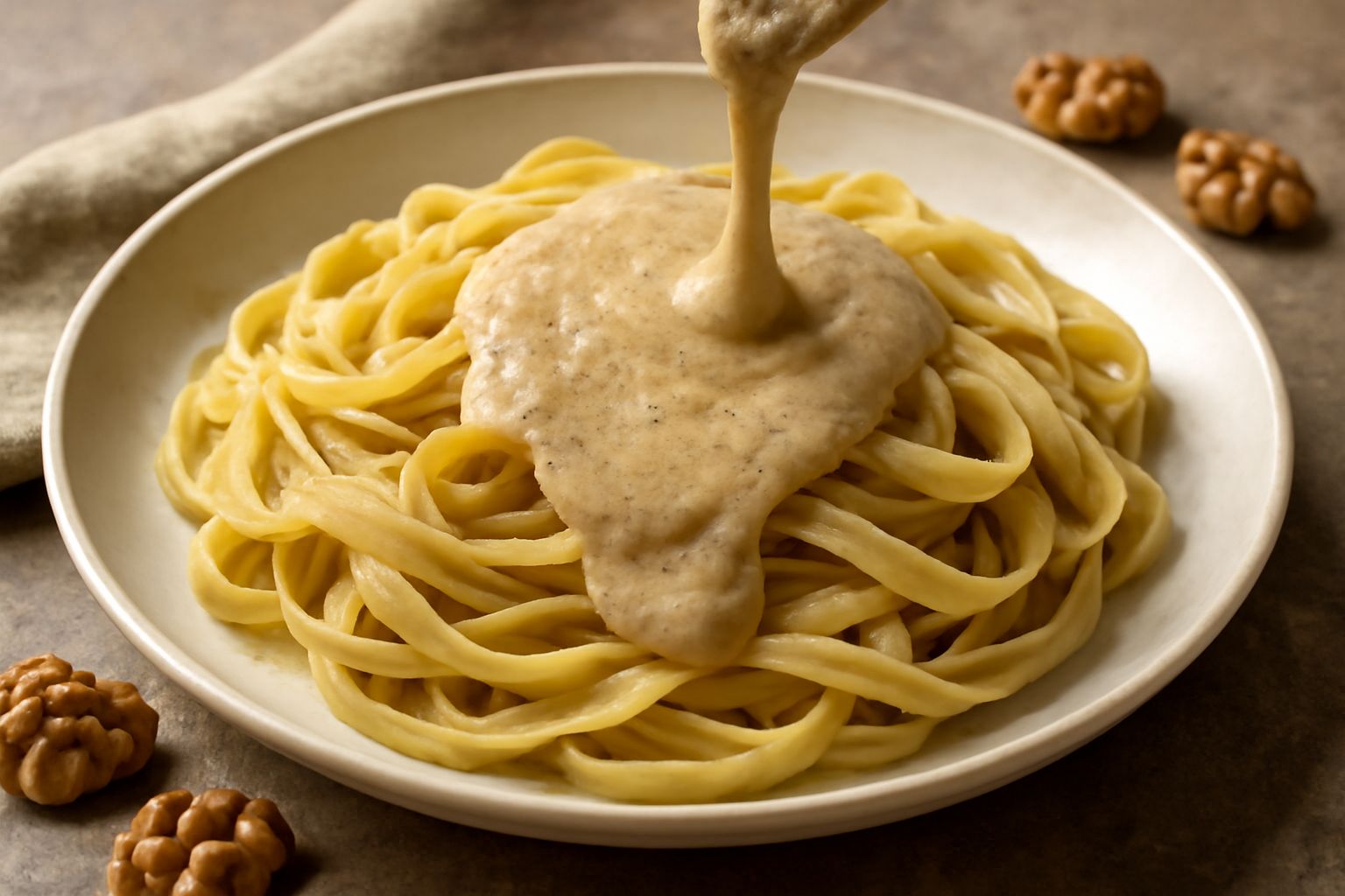 Condimento di noci color beige-marrone in una ciotola, cremoso e omogeneo, con alcune briciole di noce visibili in superficie e un cucchiaio di legno immerso nella salsa