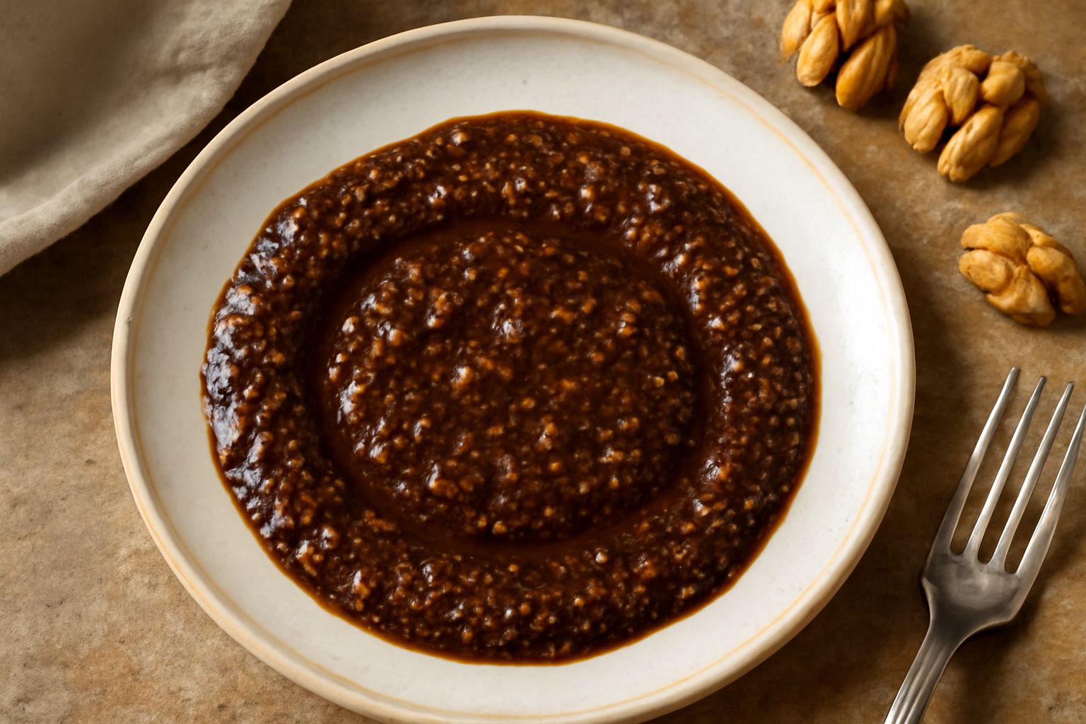 Ciotola di terracotta con condimento di noci e aceto di colore marrone scuro, cremoso e denso, con granuli visibili di noce tritata, accanto a una scodella con noci intere sgusciate