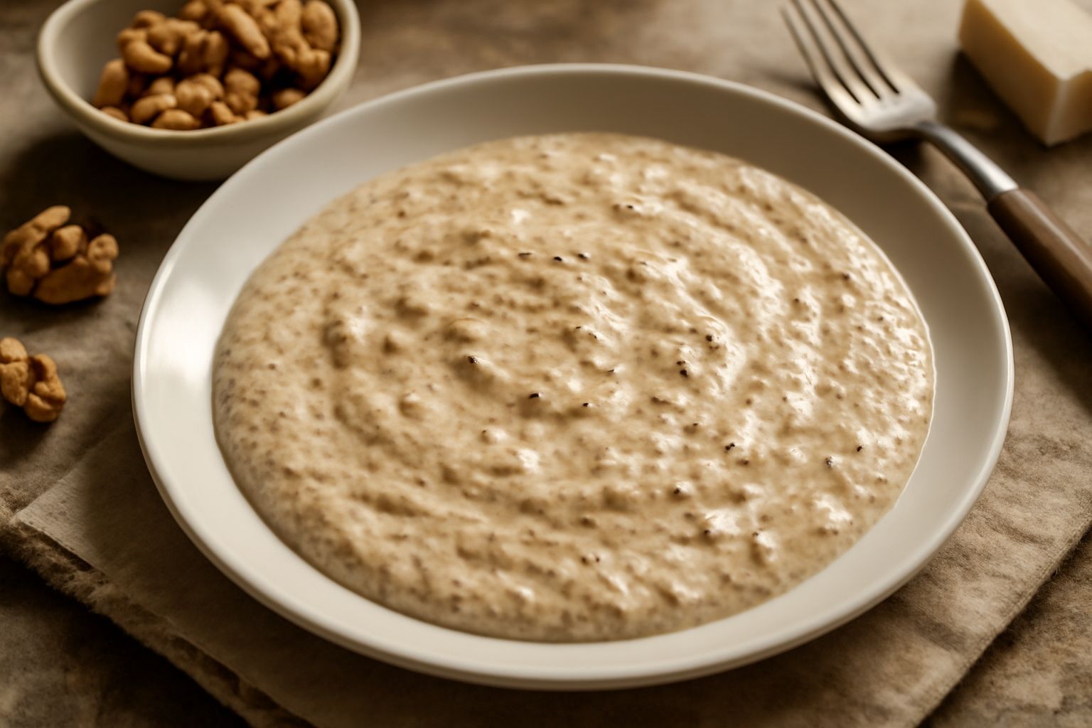 Condimento di noci e formaggio cremoso in una ciotola di vetro, beige con striature scure, con un cucchiaio di legno, accompagnato da pezzi di noce intera e scaglie di formaggio stagionato su superfic
