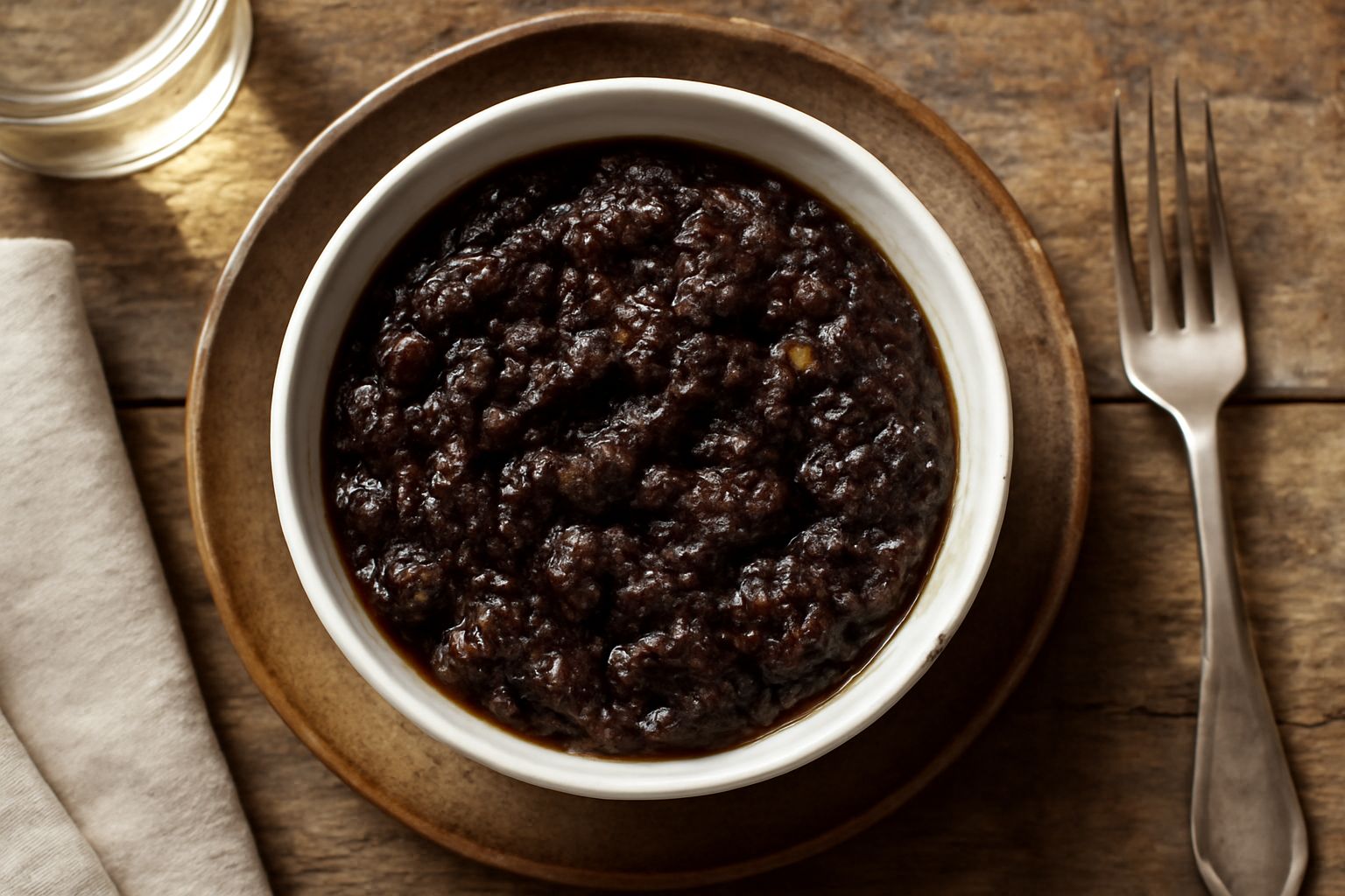 Condimento di olive denso e cremoso di colore marrone scuro in una ciotola di ceramica bianca, guarnito con un filo d'olio verde e una fogliolina di prezzemolo fresco, accanto a fette di pane tostato 
