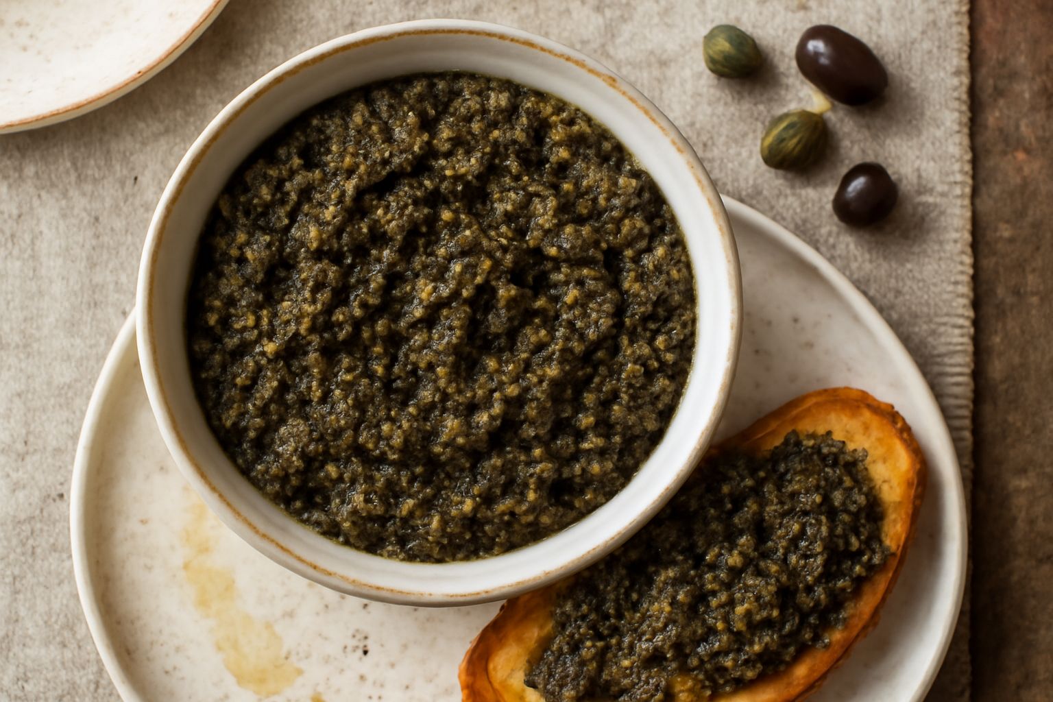 Una ciotola di vetro con tapenade di olive nere e capperi di colore verde scuro, visibile la trama granulosa degli ingredienti interi, con filo d'olio d'oliva che scivola sulla superficie, contorno di