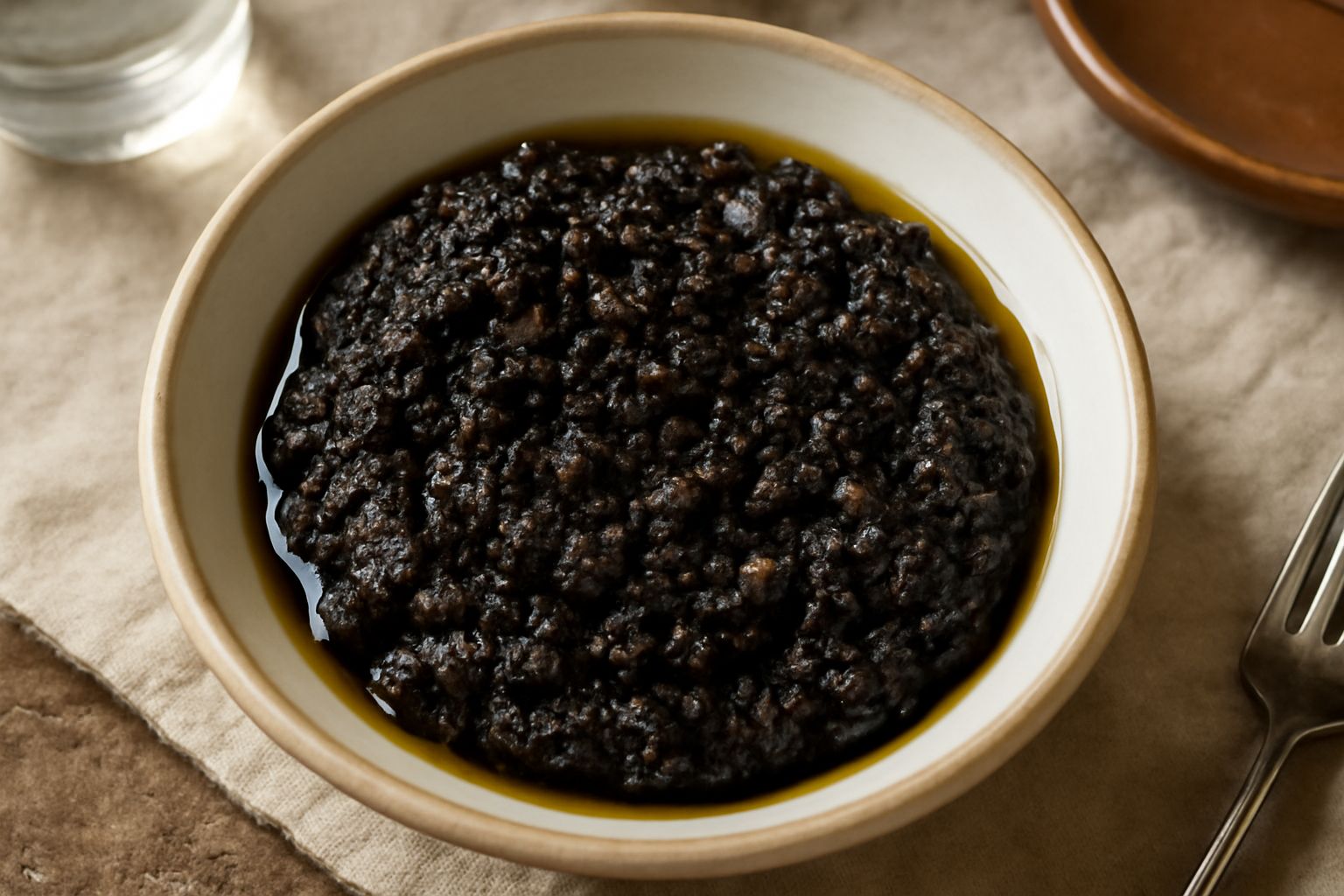 Condimento denso di olive nere tritate in una ciotola di ceramica bianca, con gocce di olio d'oliva dorato visibili in superficie, e un cucchiaio in legno appoggiato accanto
