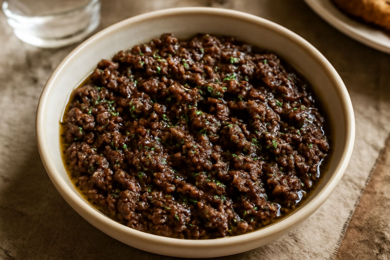 Condimento di olive taggiasche nere snocciolate in una ciotola bianca, con pezzetti visibili di aglio e prezzemolo verde, bagnate di olio dorato, servite con una cucchiaiata su pane tostato