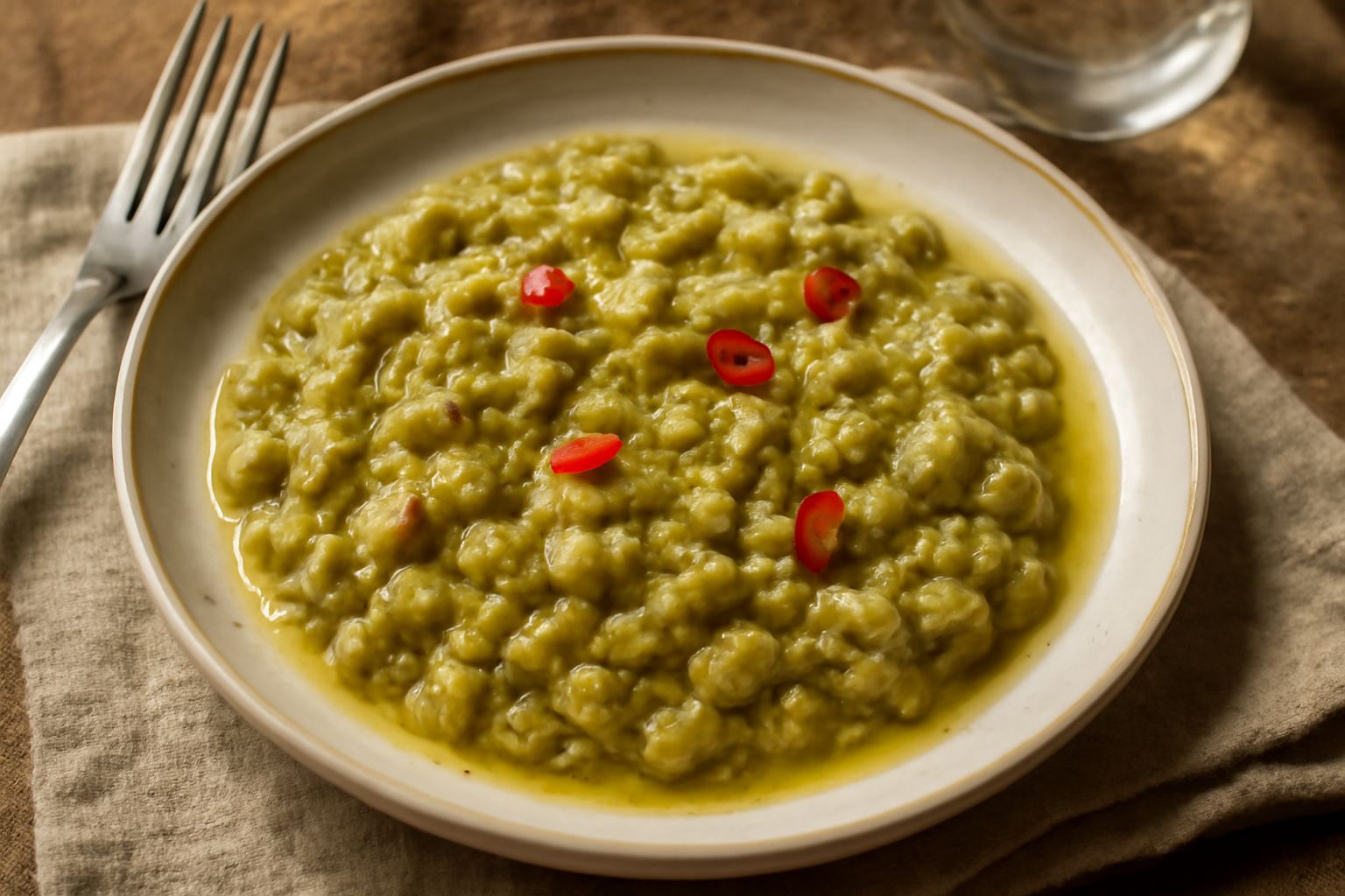 Ciotola di ceramica bianca con condimento di olive verdi tritate, spruzzate di olio dorato, garnite di aglio affettato sottile e peperoncino rosso, accanto a fette di pane tostato
