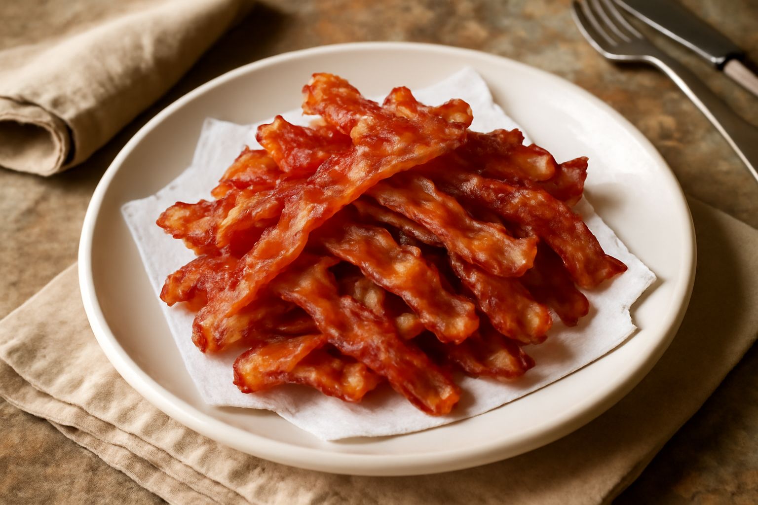 Pancetta affumicata tagliata a striscioline dorate e croccanti in una ciotola bianca, con goccioline di grasso lucido visibile, su sfondo bianco da cucina