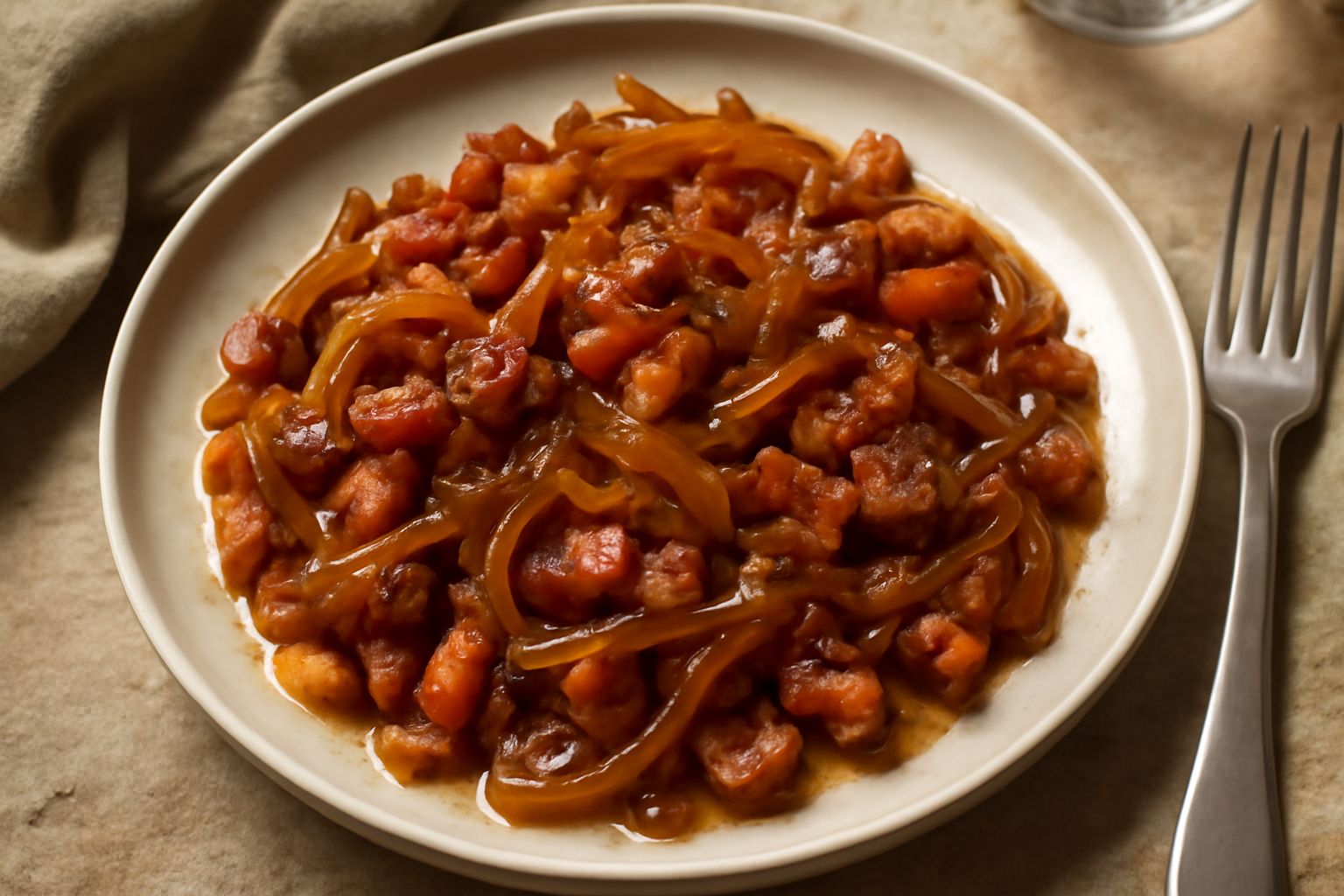Condimento di pancetta e cipolla in un piatto bianco: pancetta dorata e croccante, cipolle caramellate di colore ambrato, brillanti di olio, con pepe nero visibile in superficie