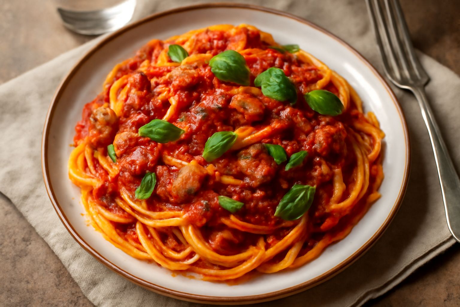 Pasta rigatoni ricoperta di condimento rosso con pancetta croccante e dorata, aromi freschi di basilico, servita in piatto bianco su tavolo di legno naturale