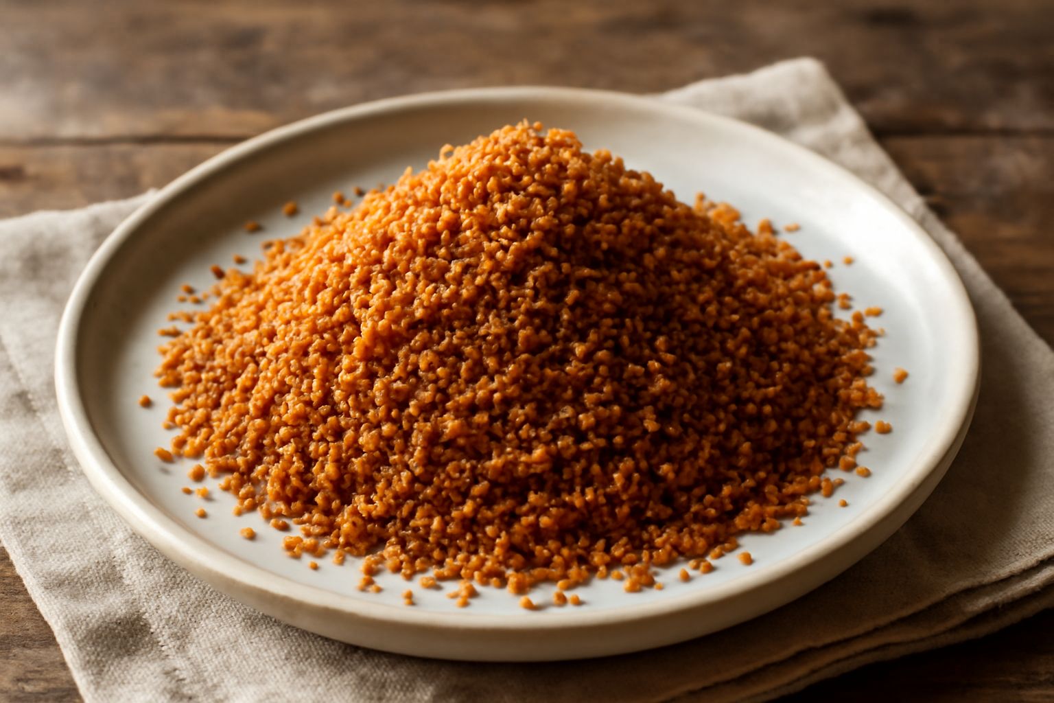 Pangrattato dorato e croccante in una ciotola di ceramica bianca, con micrilla di pane tostato visibile, accanto a una padella antiaderente scura su un piano di legno chiaro