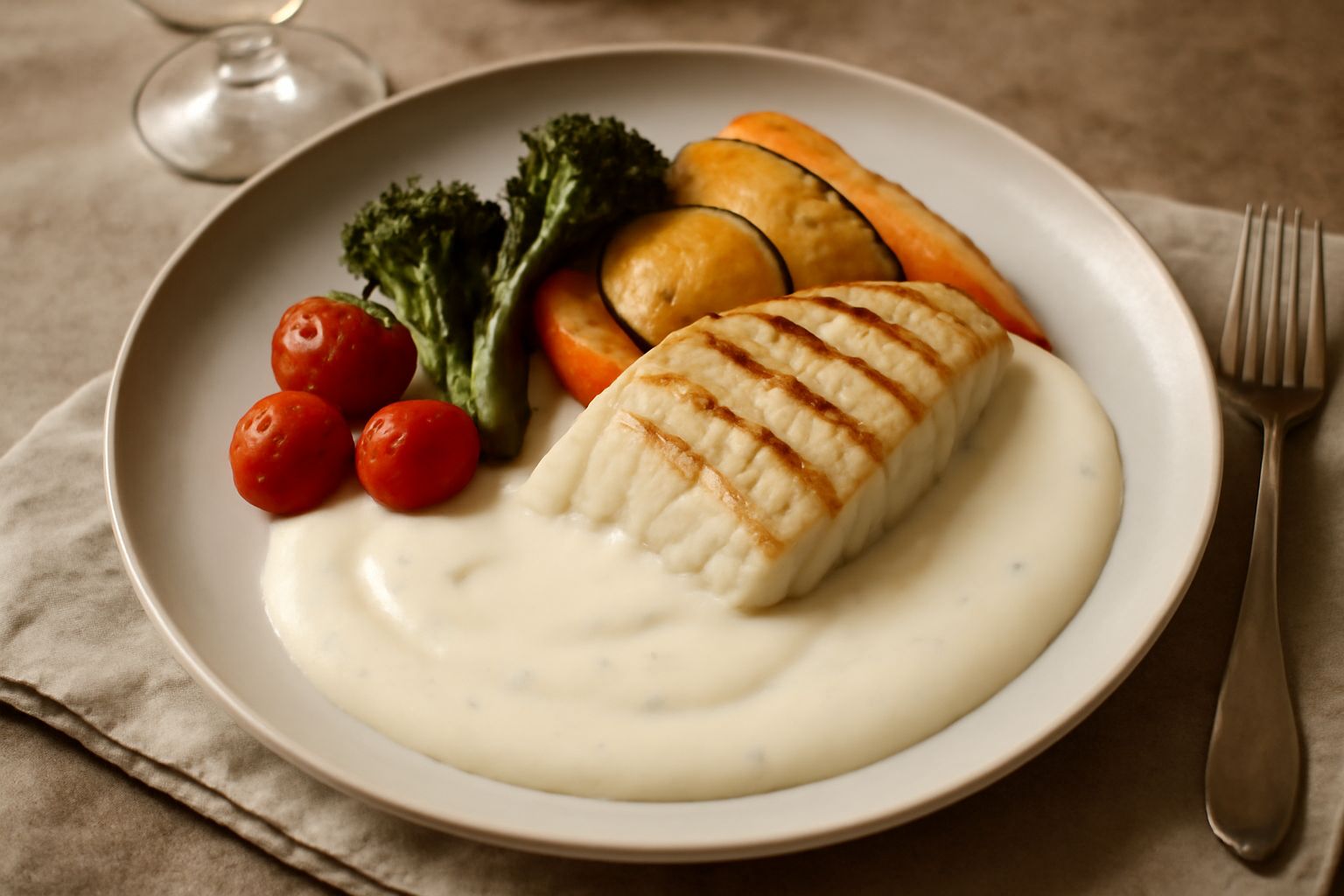 Condimento di panna acida bianco crema in una piccola ciotola di vetro, con un cucchiaio d'argento, circondato da limone fresco tagliato a metà e erbe aromatiche sparse su fondo bianco