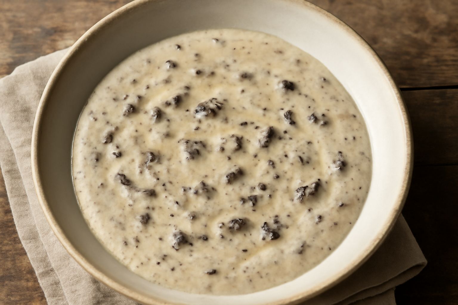 Ciotola bianca con condimento di panna e tartufo di colore beige chiaro, scaglie di tartufo nero sparse sulla superficie, gocce di olio di tartufo visibili, cucchiaio di legno accanto