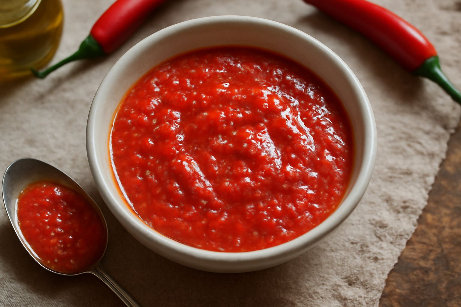 Condimento di peperoncino color rosso intenso in una ciotola di vetro, cremoso e brillante, con piccoli pezzi di peperoncino visibili, un cucchiaio d'acciaio dentro, e una bottiglia di olio verde sull