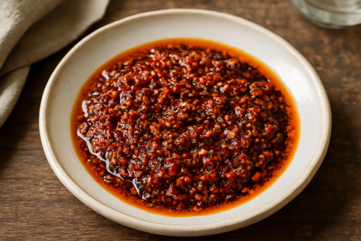 Peperoncini rossi secchi tritati in una ciotola bianca con olio d'oliva e grani di sale grosso, accanto a cucchiaio di legno su tavolo di marmo grigio