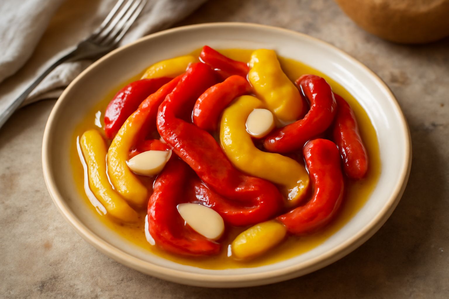 Barattolo di vetro con peperoni arrostiti rossi e gialli conservati sott'olio, aglio fresco e foglie di prezzemolo accanto, su superficie in legno con luce naturale