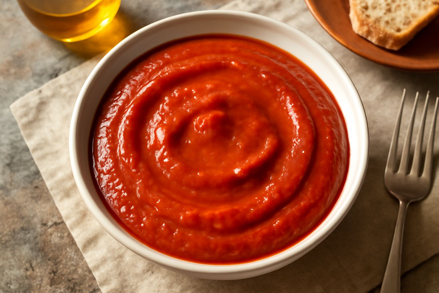 Ciotola di ceramica bianca con condimento rosso vivo di peperoni arrosto, superficie lucida, olio brillante in superficie, guarnito con fette sottili di aglio fresco e prezzemolo verde