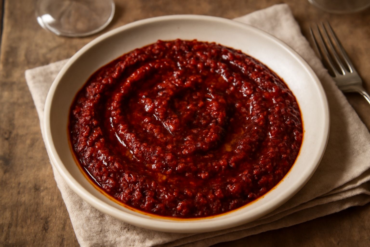 Ciotola bianca con condimento di peperoni cruschi di colore rosso scuro, con gocce di olio d'oliva in superficie, accanto a peperoni secchi rossi e uno spicchio d'aglio bianco su tavolo scuro