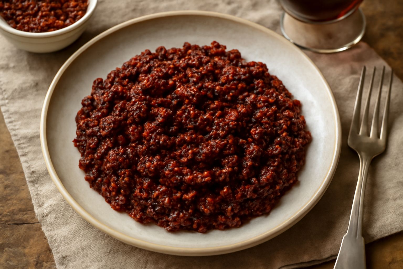 Ciotola di ceramica bianca con condimento rosso scuro di peperoni cruschi macinati, accanto due peperoni secchi stropicciati e uno spicchio d'aglio bianco su tavolo di legno naturale