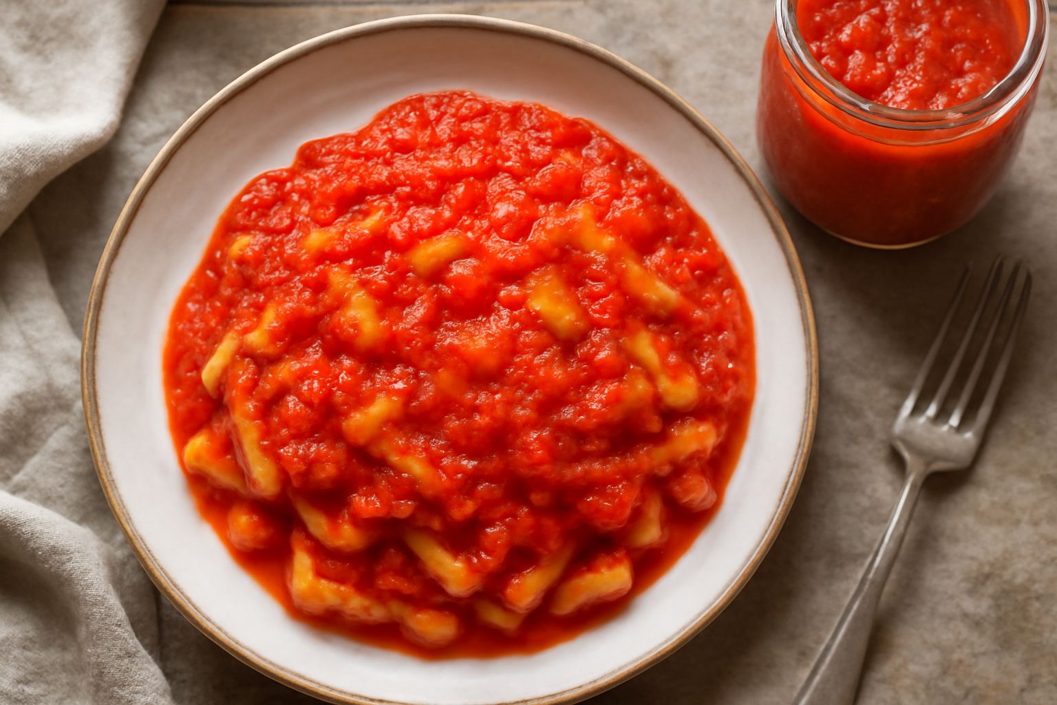 Vasetto di vetro con condimento rosso e giallo fatto di peperoni e pomodori, con peperoni freschi e pomodori sullo sfondo, su un tavolo di legno con cucchiaio di legno