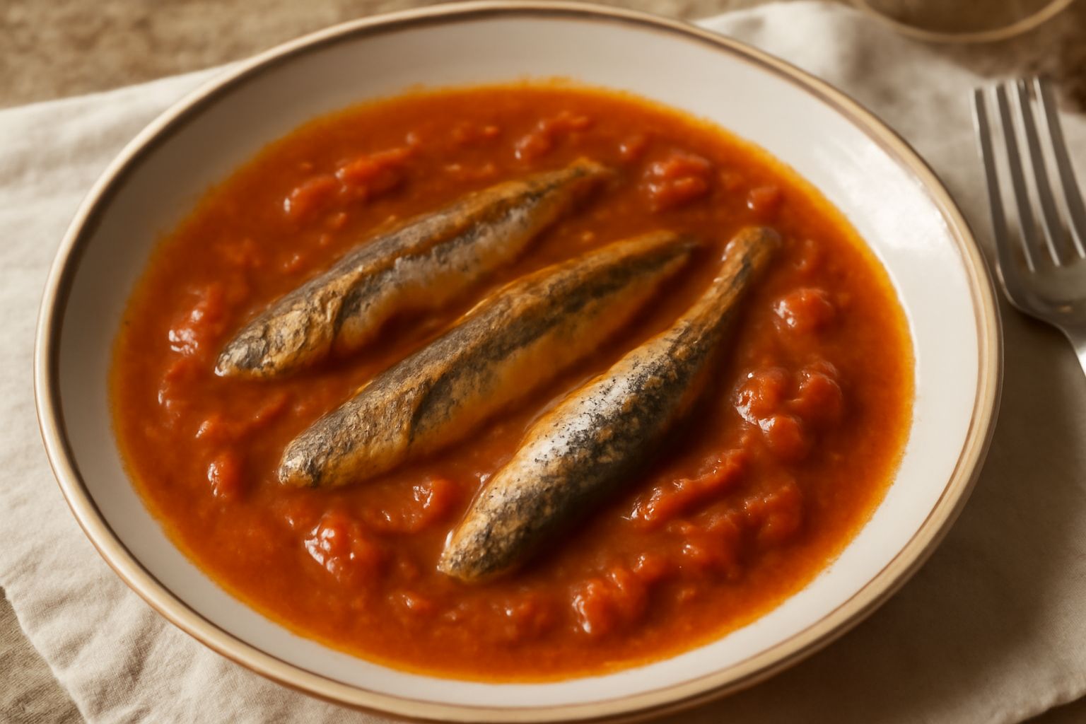 Piatto di spaghetti rivestiti di condimento color arancio-rosso scuro, con filetti di sardina visibili, gocce di olio verde oliva, prezzemolo fresco tritato e acciughe intere disposte sulla superficie