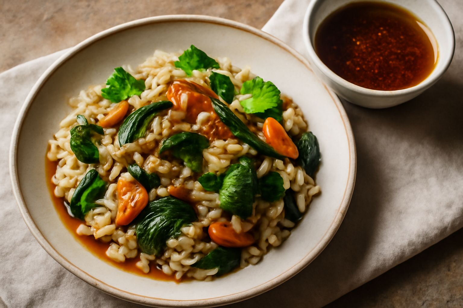 Una piccola ciotola di ceramica bianca con condimento di pesce salato dal colore marrone ambrato, con gocce di olio che brillano in superficie, accanto a filetti di pesce salato e rametti di timo fres