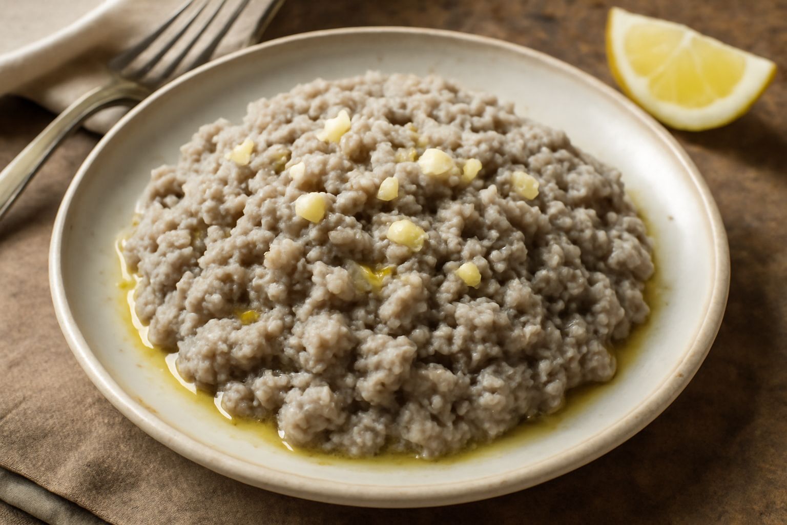 Condimento di pesce secco salato in una ciotola bianca, con fiocchi grigi e bianchi di pesce, filo di olio d'oliva verde, aglio affettato e limone fresco sullo sfondo