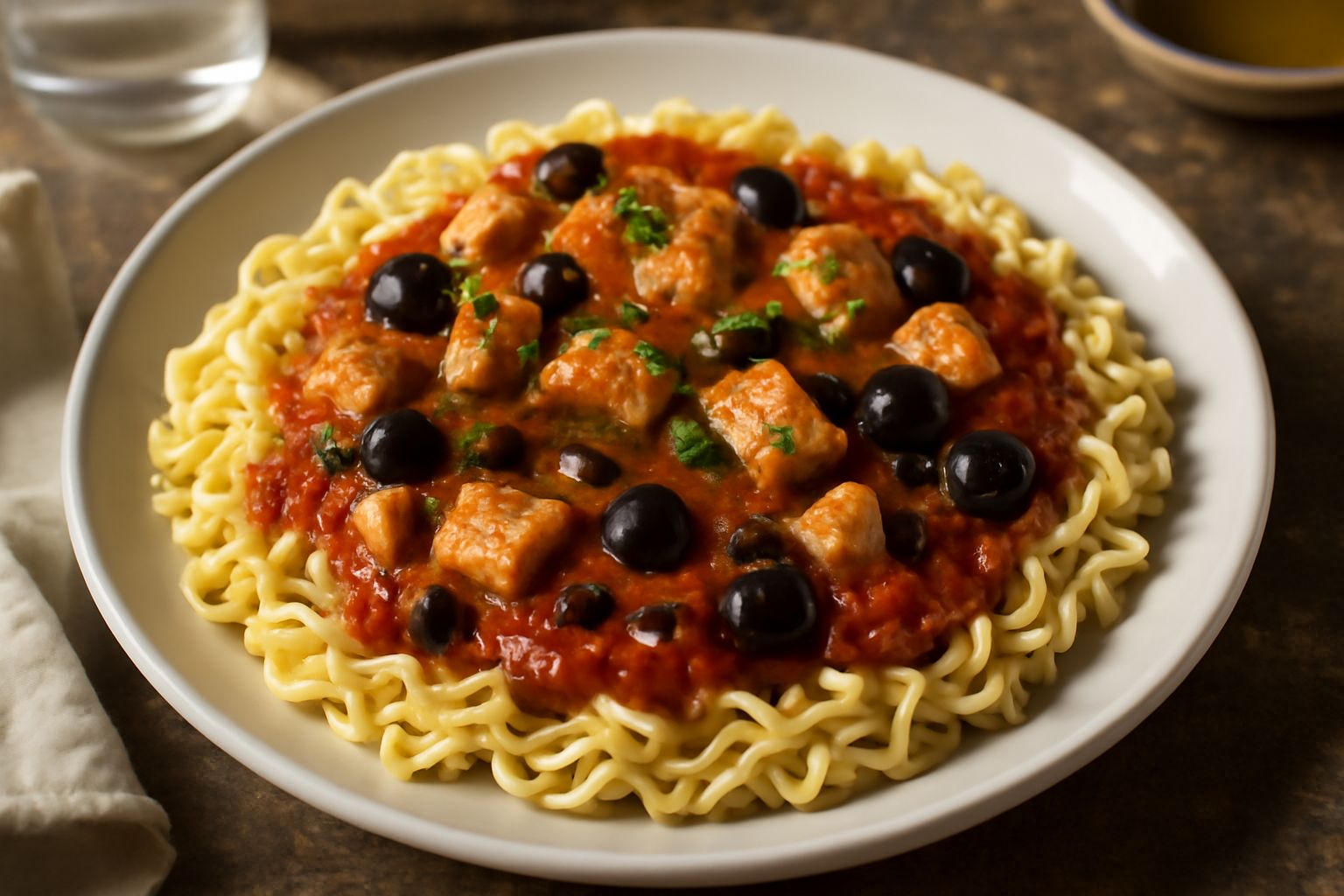Piatto di pasta fresca ricoperto di sugo di pesce spada color rosso-arancio, con visibili pezzi bianchi di pesce, olive nere, capperi e prezzemolo fresco tritato in superficie