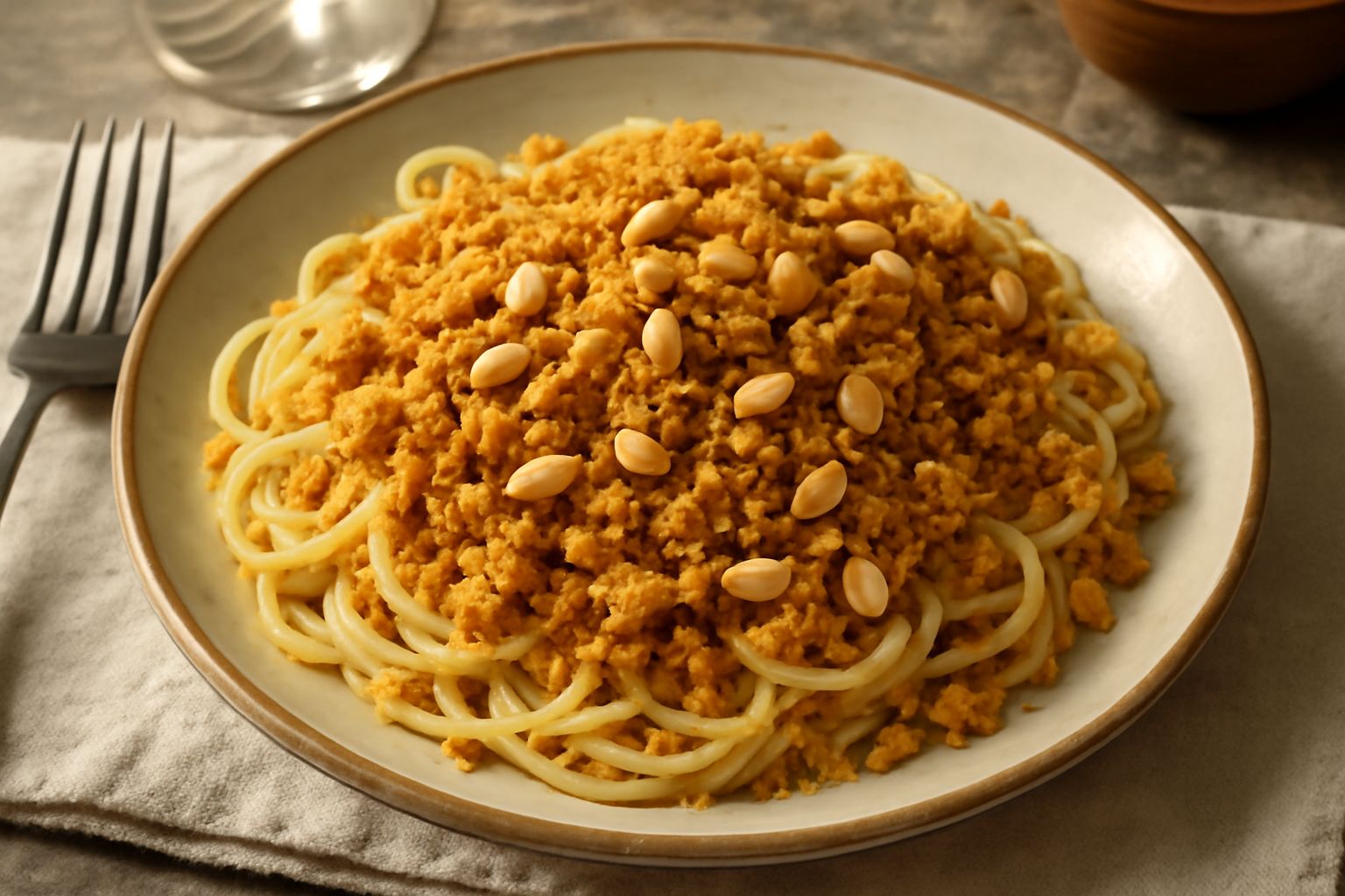 Condimento di pinoli in una ciotola di vetro, con pinoli dorati e tostati, visibile l'olio lucido, fiocchi di sale marino sparsi in superficie, servito accanto a un piatto di pasta e un cucchiaio di l