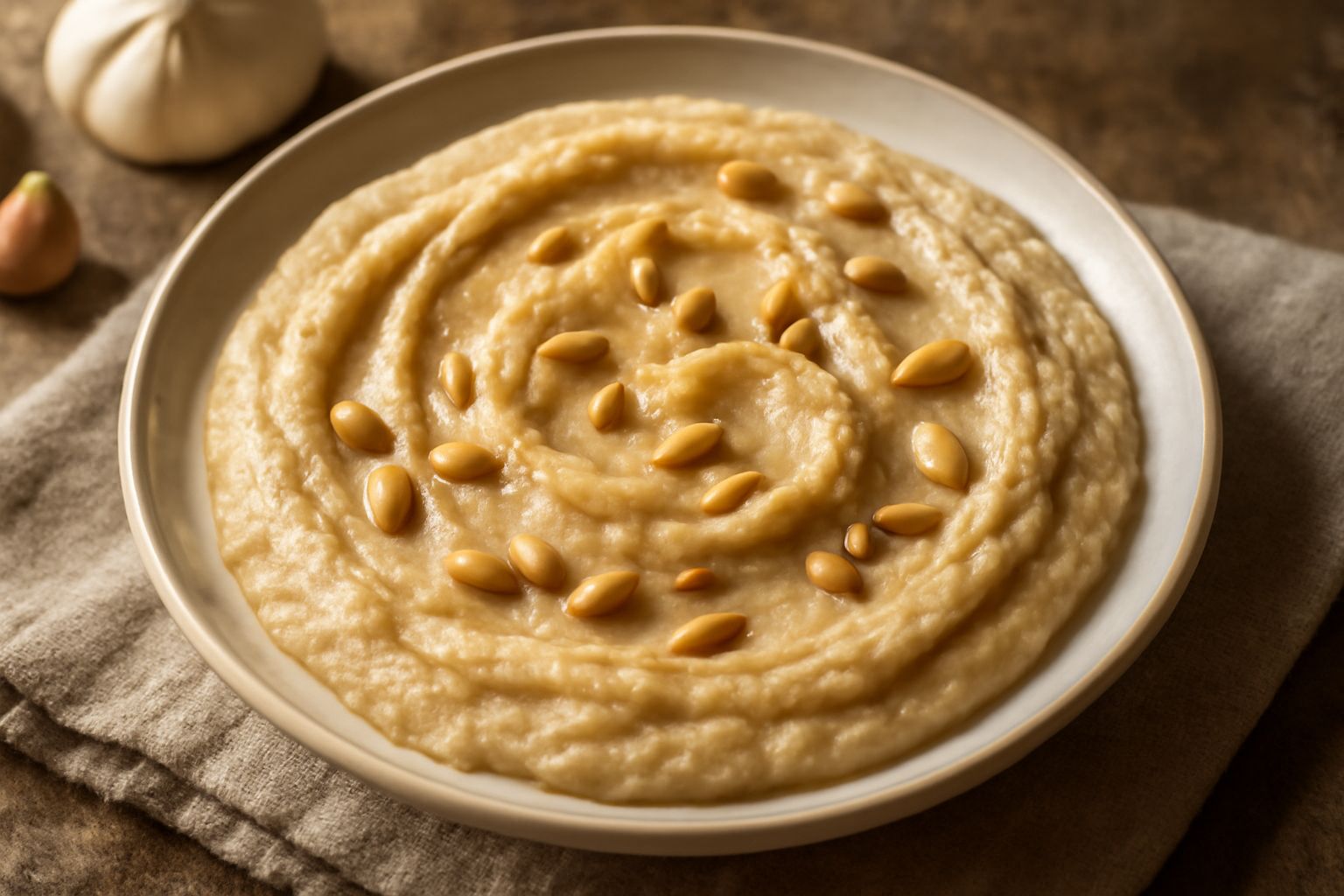 Ciotola di ceramica bianca contenente una pasta cremosa color beige con pinoli interi e aglio, accanto a un cucchiaio di legno e qualche pinolo sparso su fondo bianco