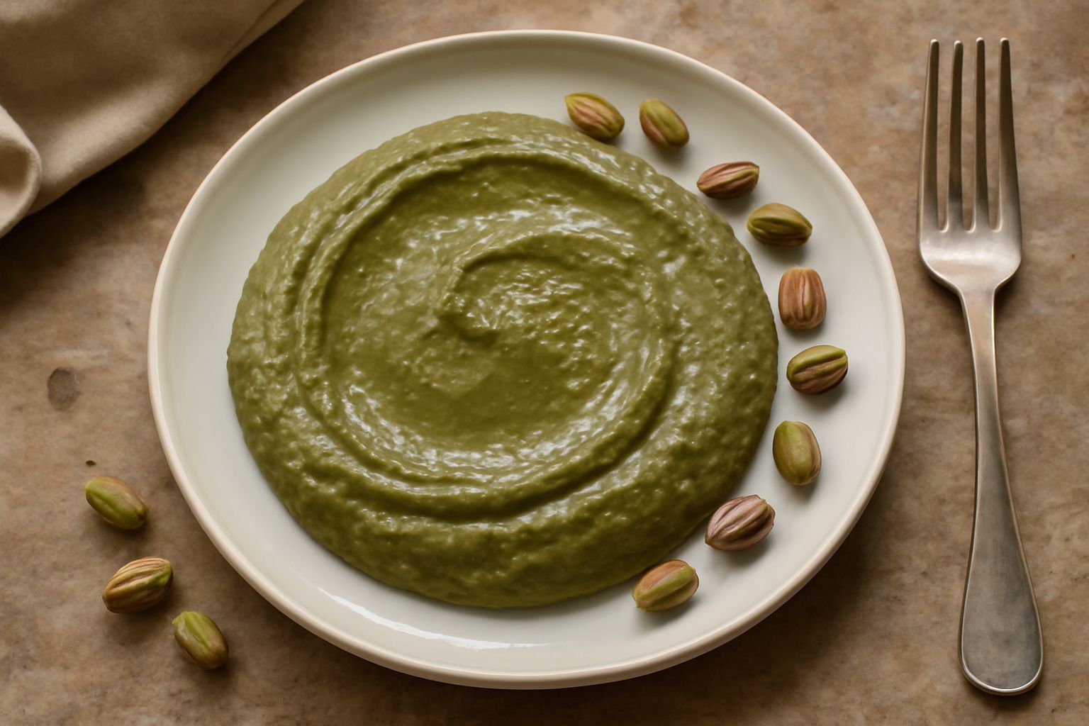 Ciotola bianca con condimento di pistacchio verde brillante, cremoso e uniforme, guarnito con alcuni granuli di pistacchio tostato e filo di olio verde intenso