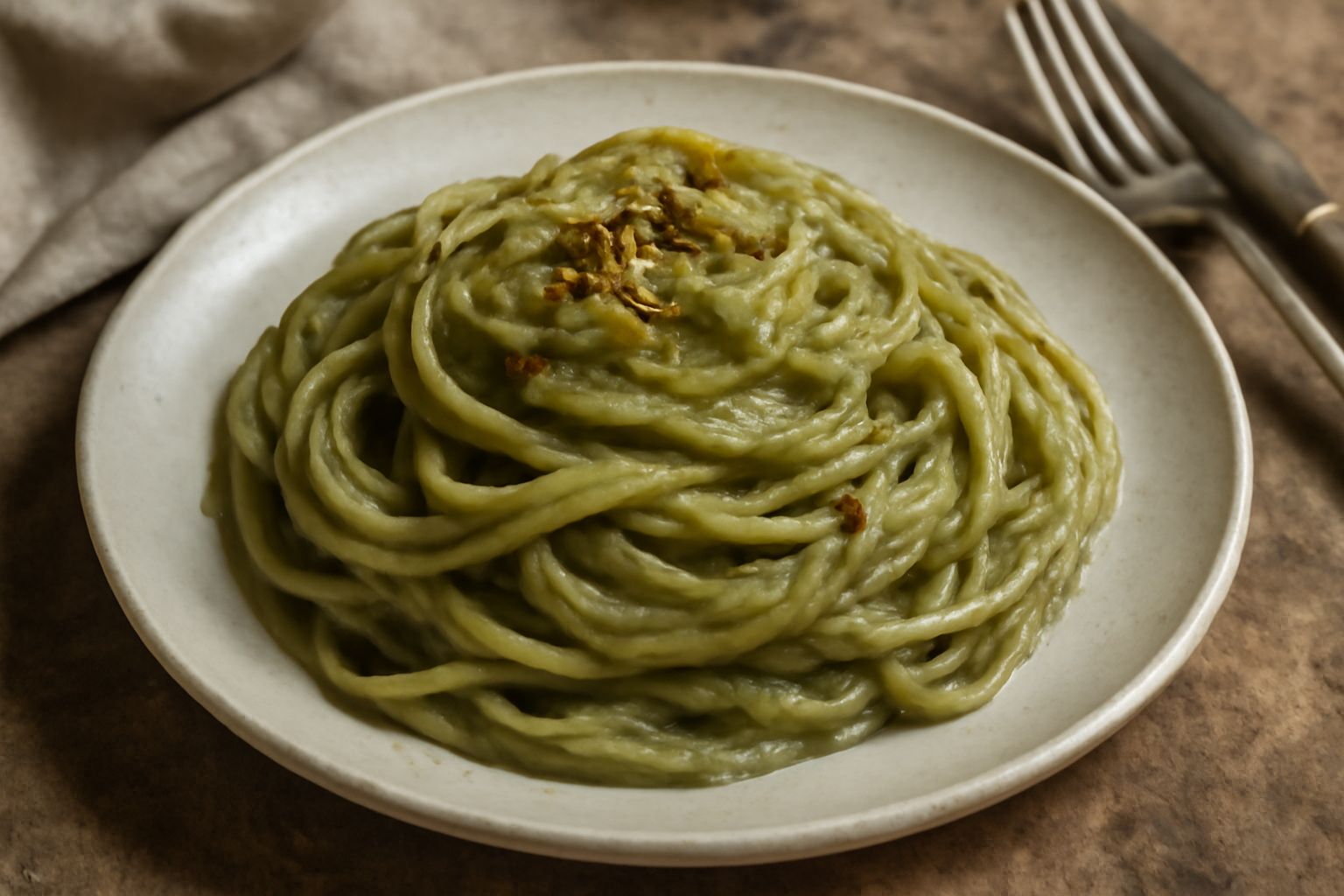 Condimento di pistacchio di colore verde salvia in una ciotola di ceramica bianca, con una cucchiaia di legno immersa, accanto pistacchio intero in guscio e un ramo di prezzemolo fresco su sfondo di l