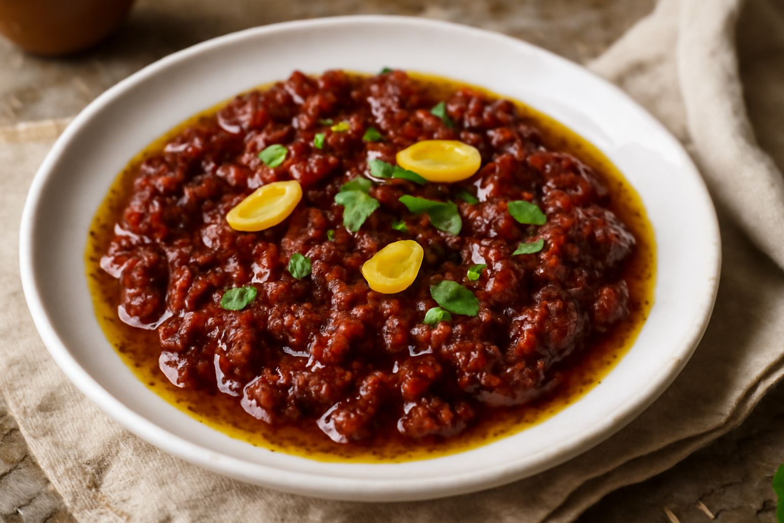 Barattolo di vetro con condimento di pomodori secchi rosso scuro immersi in olio trasparente, con spicchi di aglio visibili e erbe aromatiche in superficie, poggiato su tavolo di legno chiaro con un c