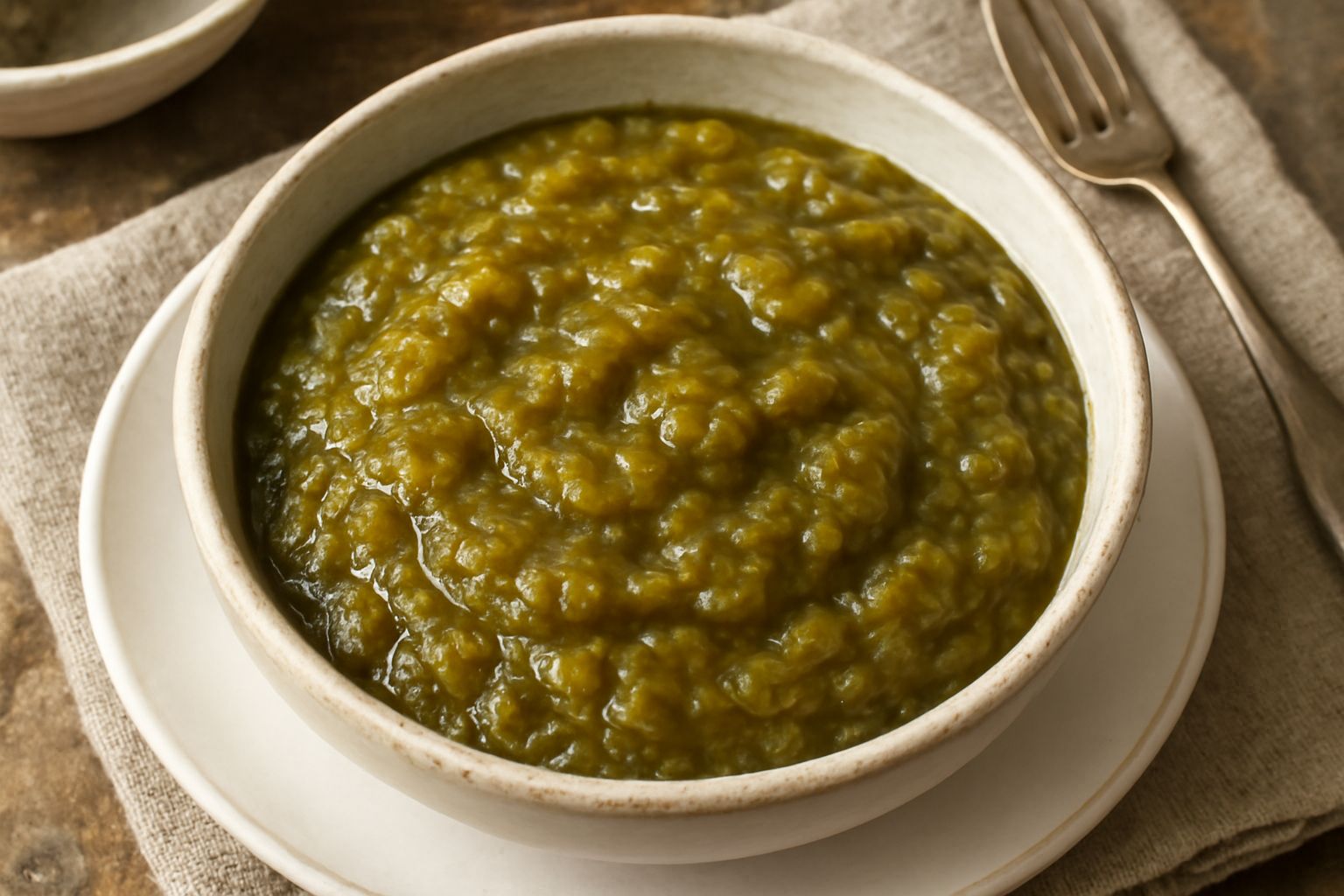 Ciotola di vetro con condimento di pomodori verdi, consistenza densa e granulosa, colore verde oliva con sfumature brunastre, servito con cucchiaio di legno, fondo neutro bianco