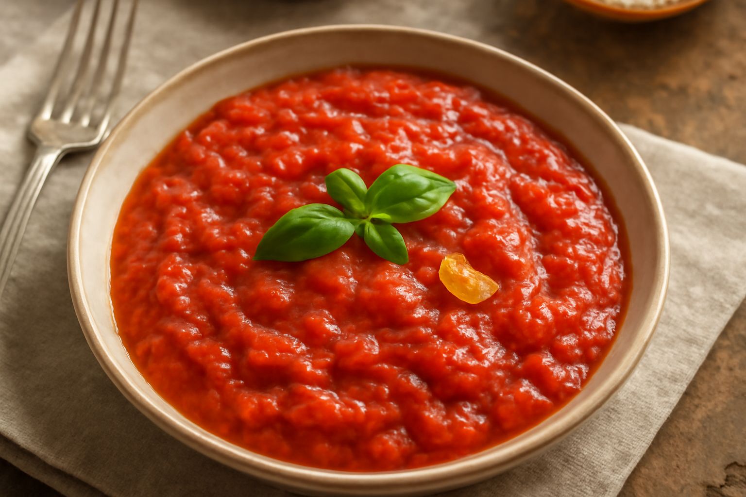 Condimento di pomodorini rossi in una ciotola bianca, con pomodorini interi attorno, olio d'oliva, aglio e basilico fresco visibile sulla superficie, sfondo neutro