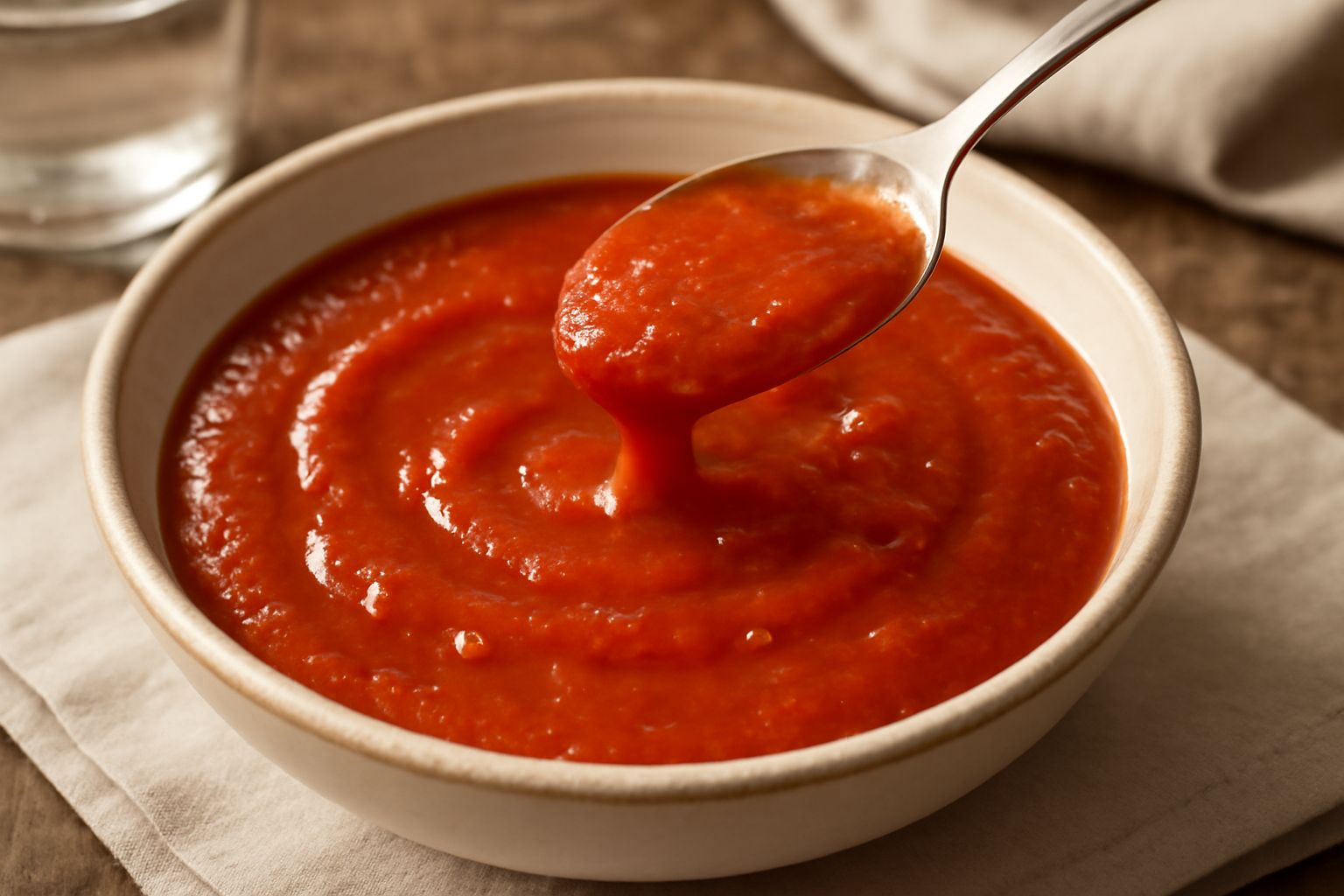 Sugo di pomodoro denso rosso ciliegia in una ciotola di ceramica bianca, con foglia di basilico fresco appena posata, olio che brilla in superficie, tavolo di legno naturale