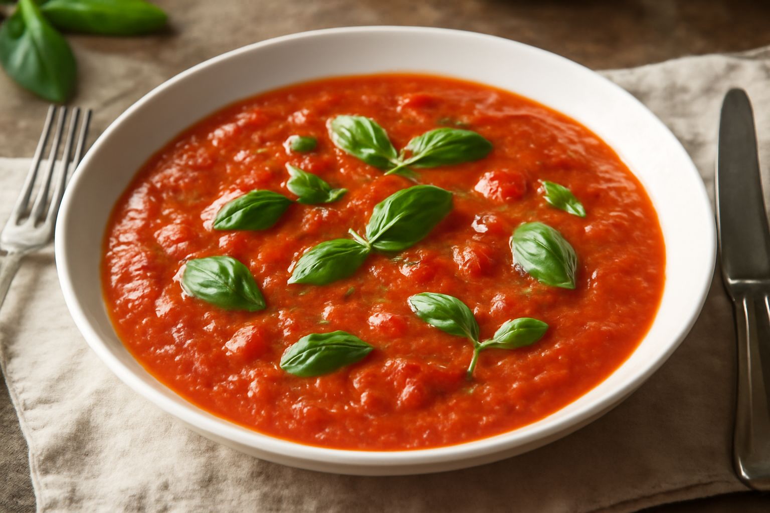 Condimento rosso vivo di pomodoro e basilico in una ciotola bianca, con foglie di basilico fresco sopra, accanto pomodori rossi e aglio fresco, su un piano di cucina di legno chiaro