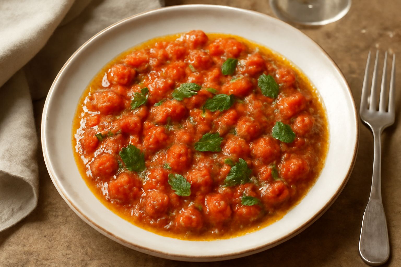 Ciotola di vetro con condimento di pomodoro rosso tagliato a dadini e foglie di menta verde brillante in olio d'oliva dorato, superficie lucida, su sfondo bianco con un cucchiaio in legno accanto