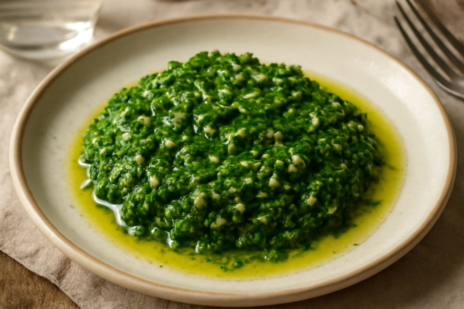 Condimento verde di prezzemolo e aglio in una ciotola bianca, con gocce di olio d'oliva lucido, prezzemolo fresco trito visibile e aglio minuzzato, su superficie di legno chiaro